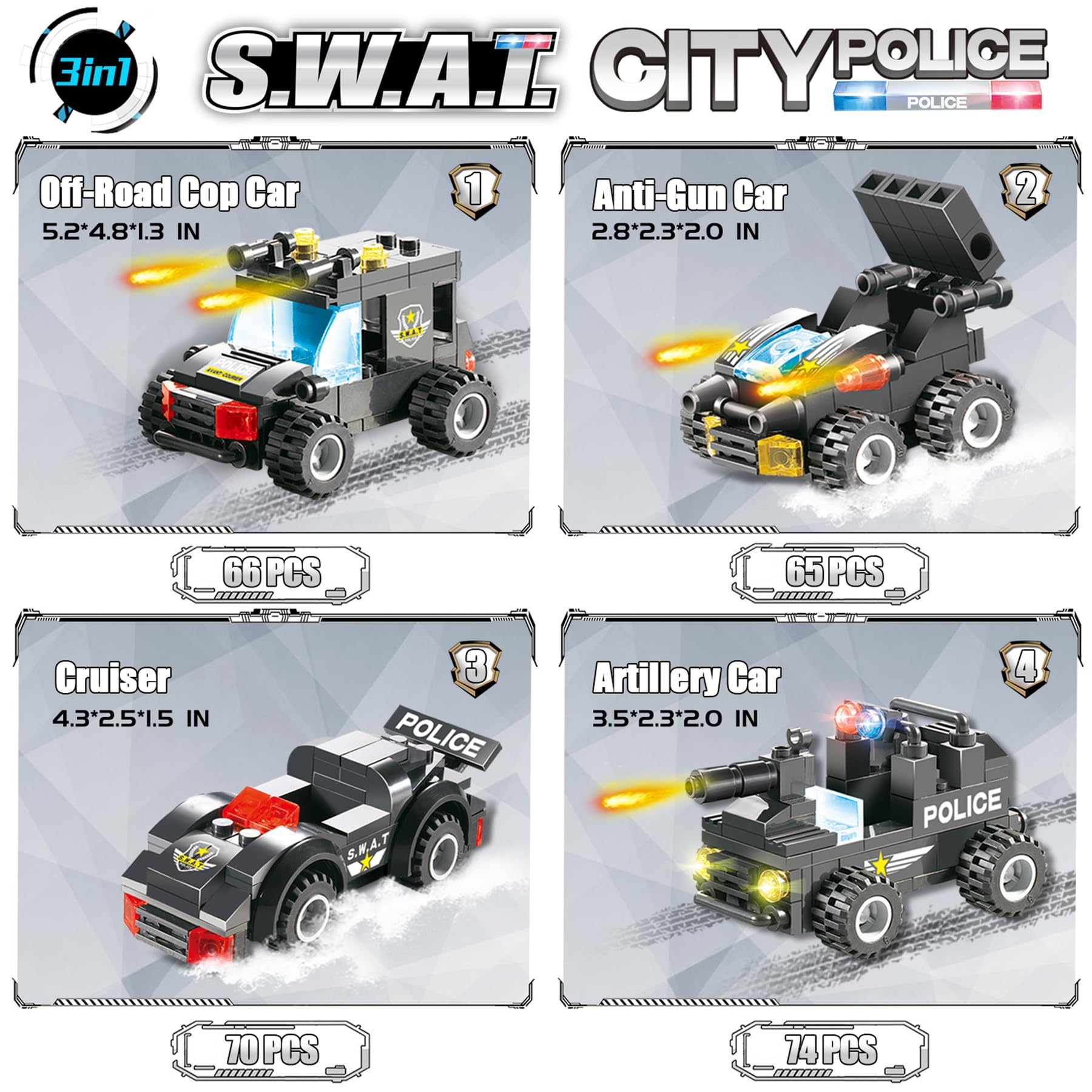 1110 PCS SWAT City Police Set Cop Car Building Set with Helicopter, Boat, Police Station, Mobile Command Center Truck Toys in 25 Different Models