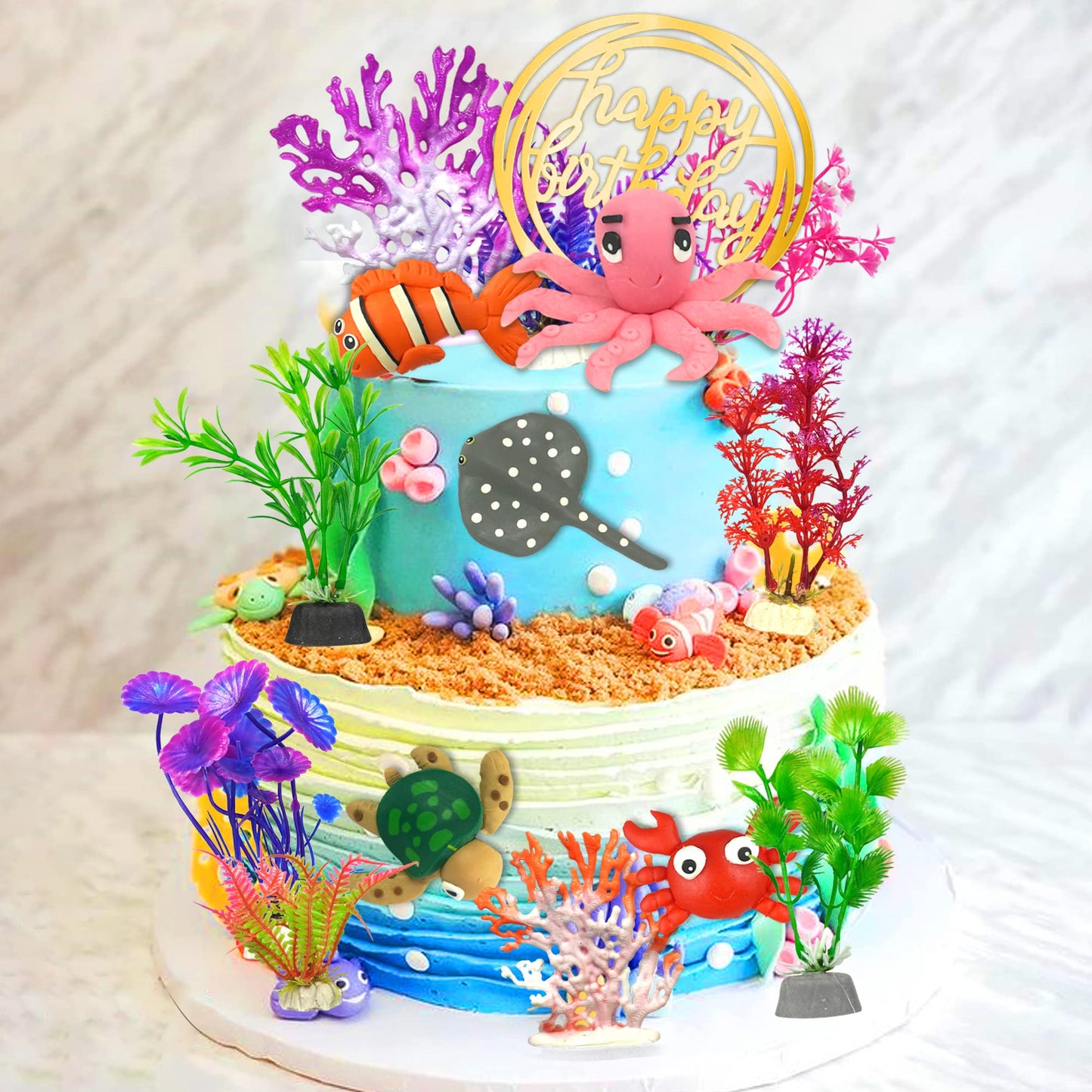 16 PCS Sea Ocean Cake Toppers Under the Sea Ocean Animals Birthday Cake Decorations for Sea Ocean Theme Baby Shower Birthday Party Supplies (Ocean)