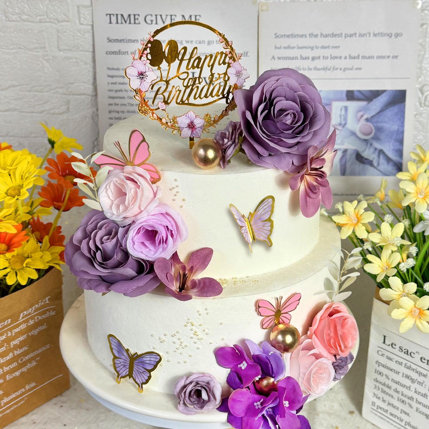 Flower Cake Topper Purple Cake Decorations with Artificial Flowers Butterfly Balls for Wedding Birthday