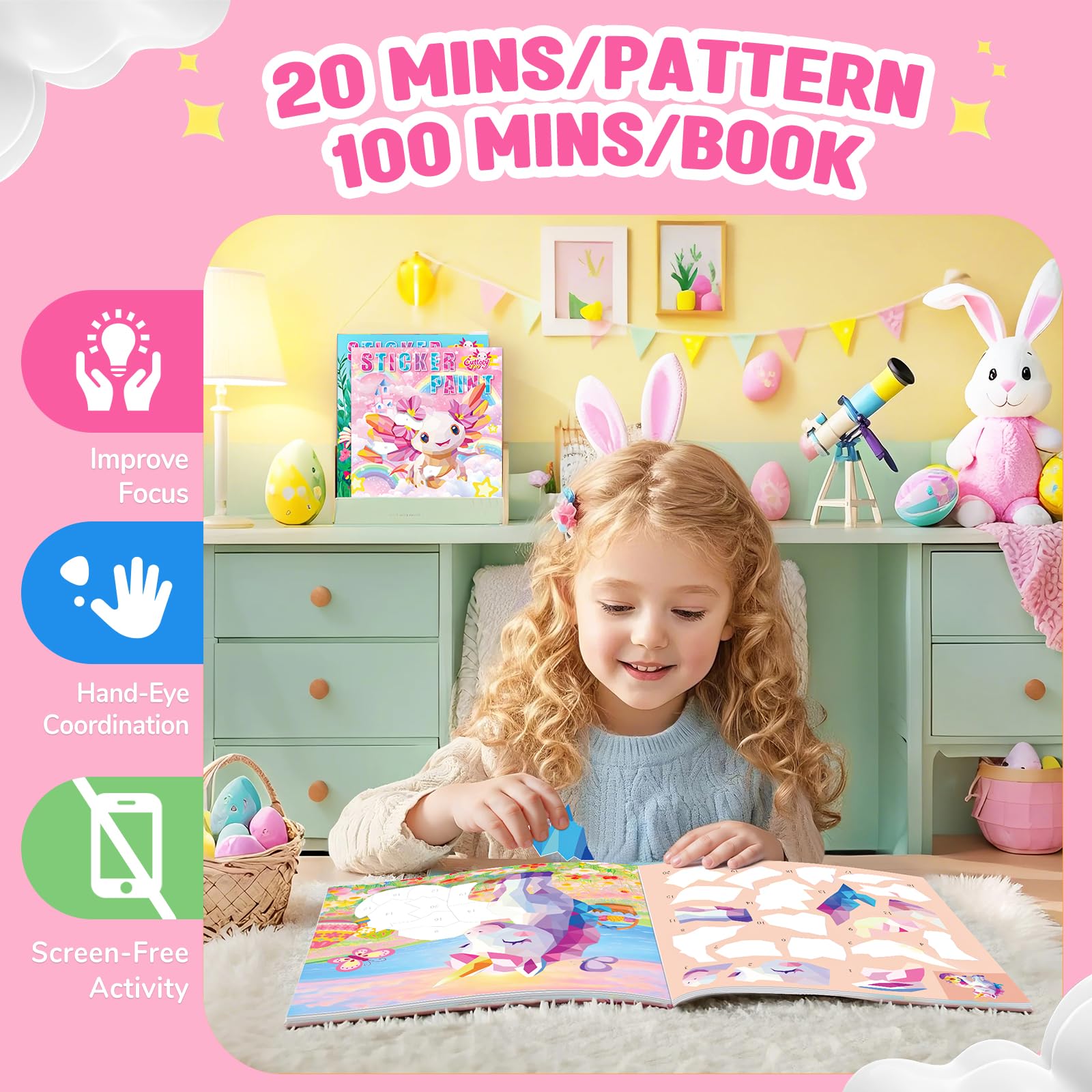 CutteeyFyry Paint by Number Sticker Book for Girls Kids - Road Trip & Airplane Activities Toys, Easter Basket Stuffers, Bunny Egg Unicorn, Birthday