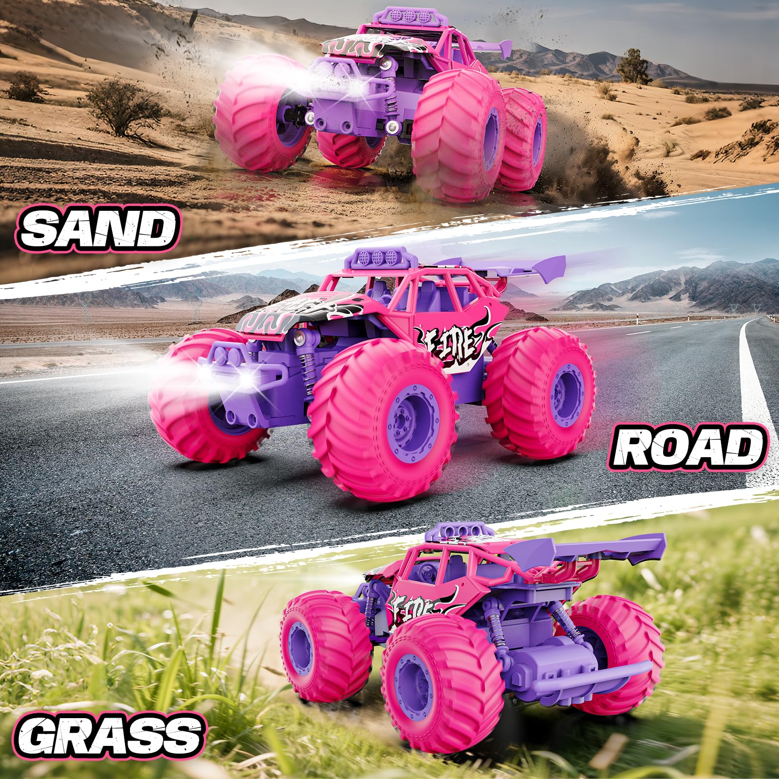 Meislane Remote Control Car, All Terrain RC Cars with Speed Switch RC Truck with LED Headlight and Rechargeable Batteries, 20KM/H Monster Truck Toys
