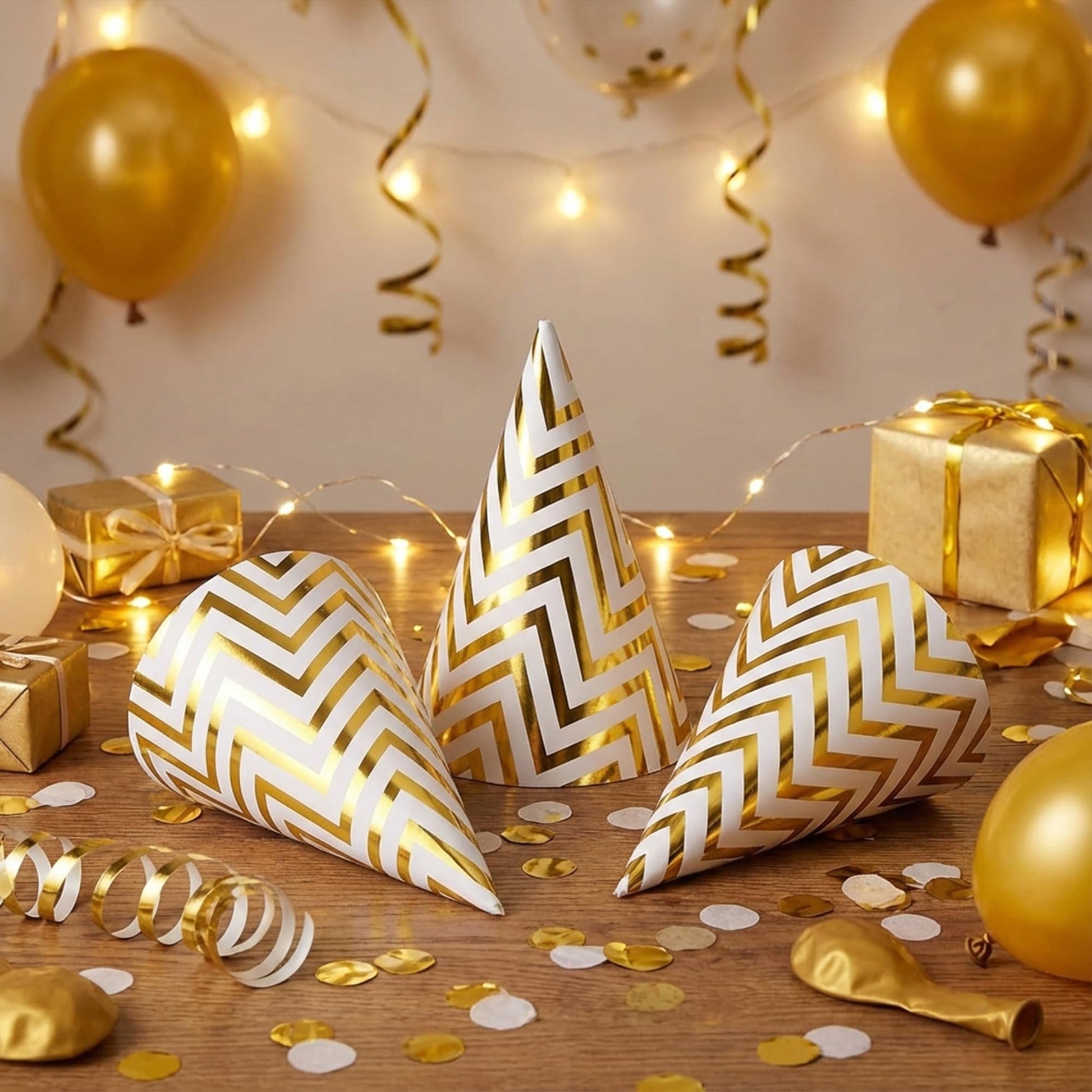 Boieo 10 Pack Gold Party Hats for Adults and Kids, Birthday Party Hats Bulk with Adjustable Elastic String, DIY Paper Cones 7.9 Inch, Metallic Foil