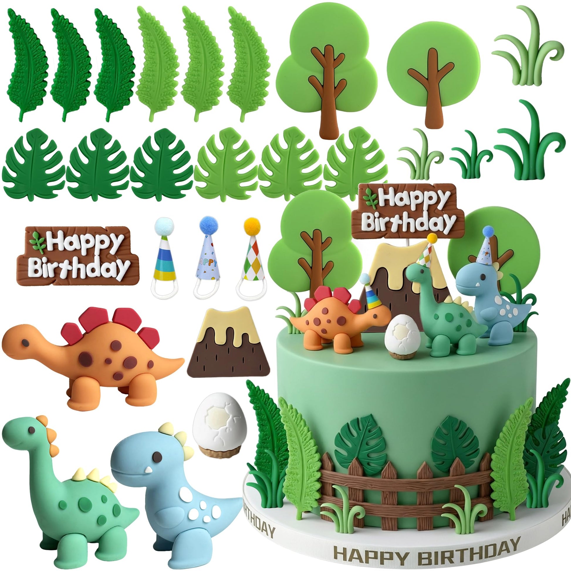 Simpfo 27 PCS Dinosaur Cake Topper Set with Dinosaur Figurines, Eggs, Jungle Leaves - Reusable Cupcake Decorations for Kids Birthday Party, Dino