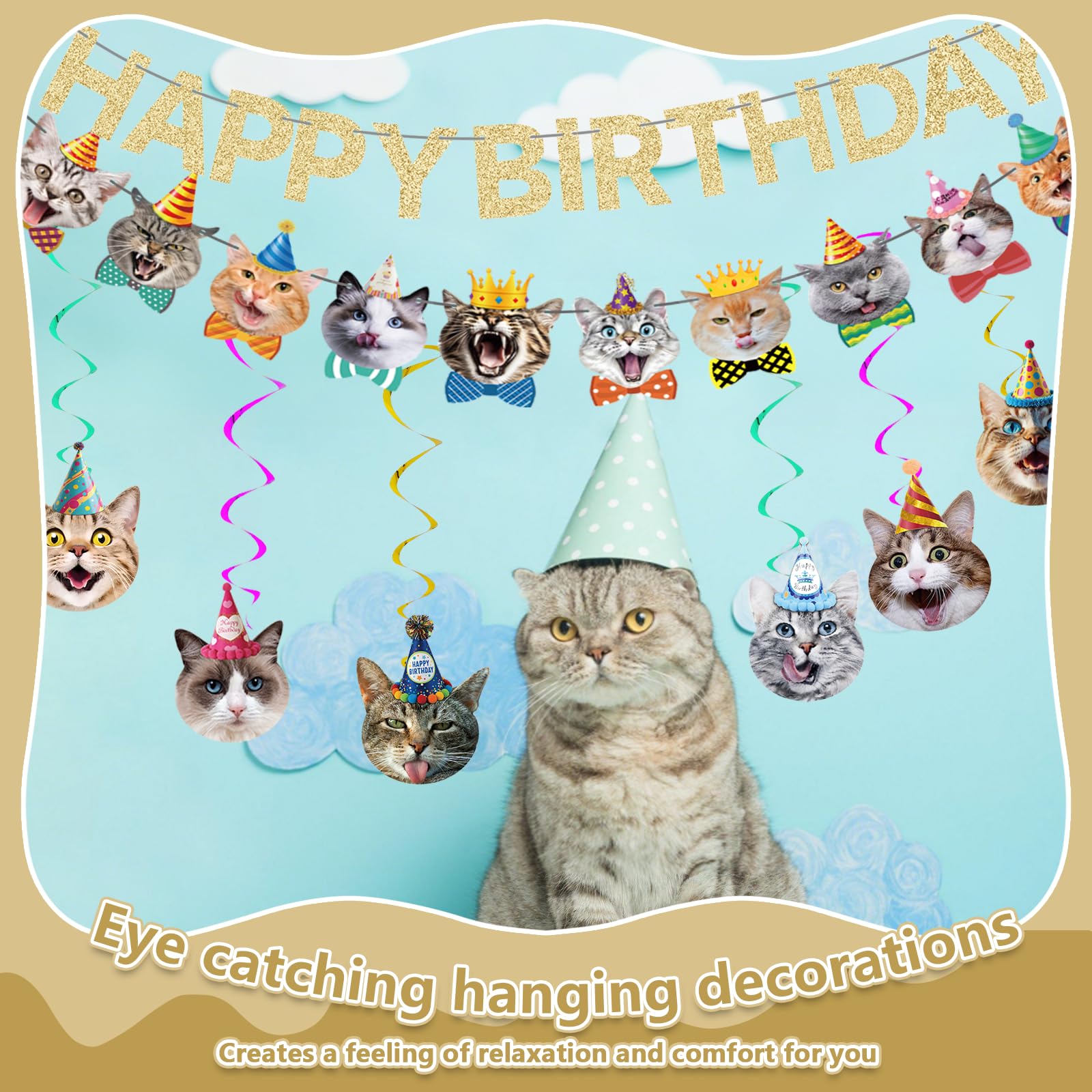 Cat Happy Birthday Banner - Cat Party Decorations, Party Supplies Sign