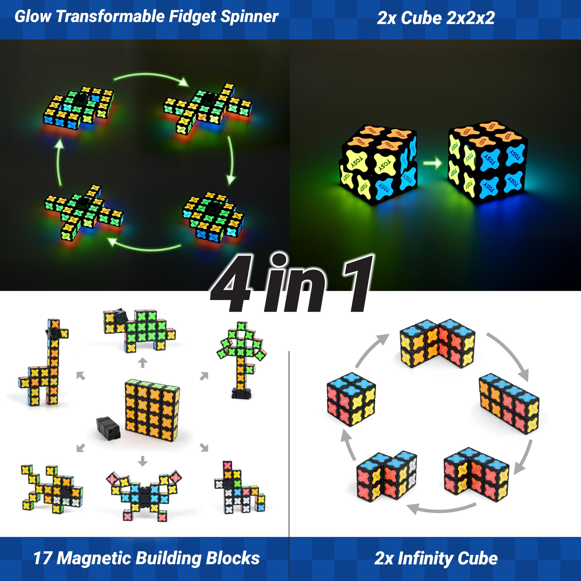 TOSY Magnet Fidget Spinner Glow - 16 Blocks, 3 in 1 Toy: Transformable Fidget Spinner, Infinity Cube, 2x2 Puzzle Cube, Glow, STEM/STEAM Magnet Tiles