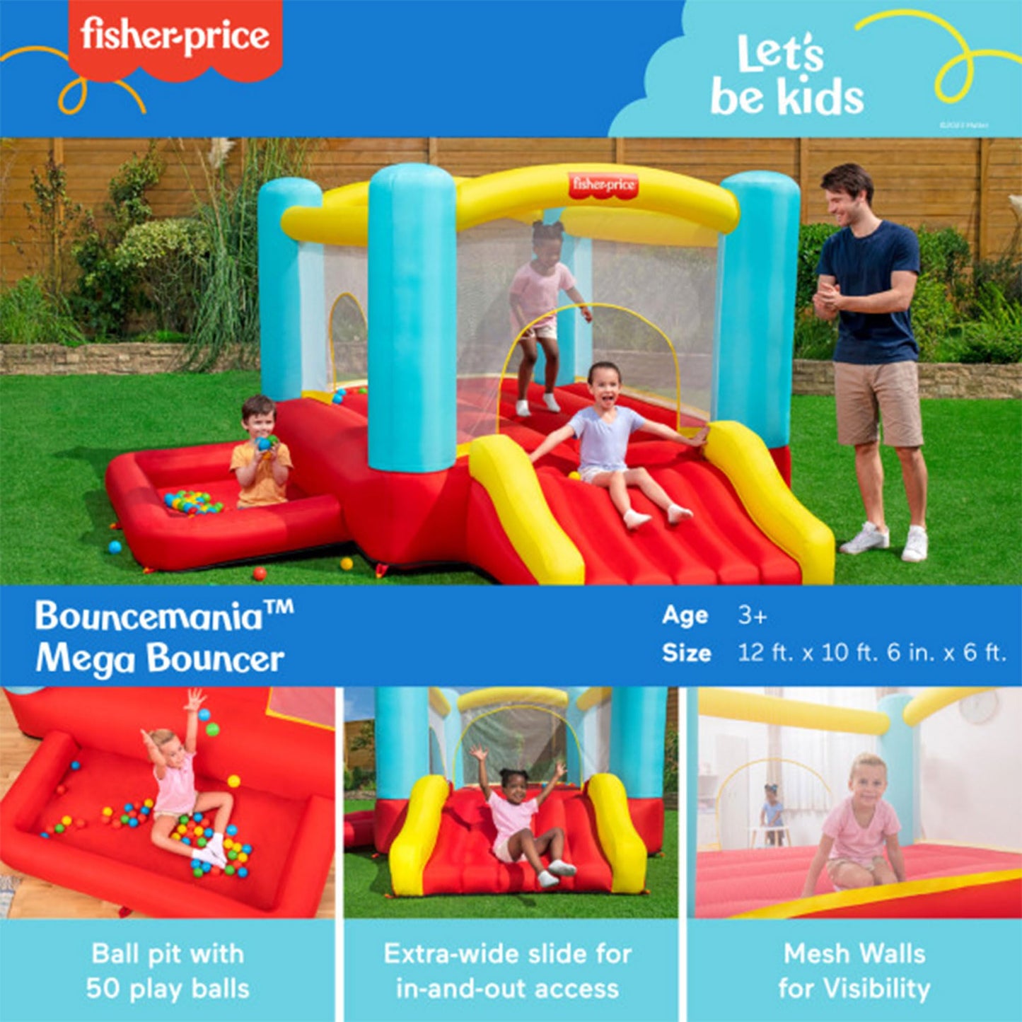 Fisher-Price Bouncemania Inflatable Mega Bouncer Bouncy House with 50 Play Balls, Multicolor