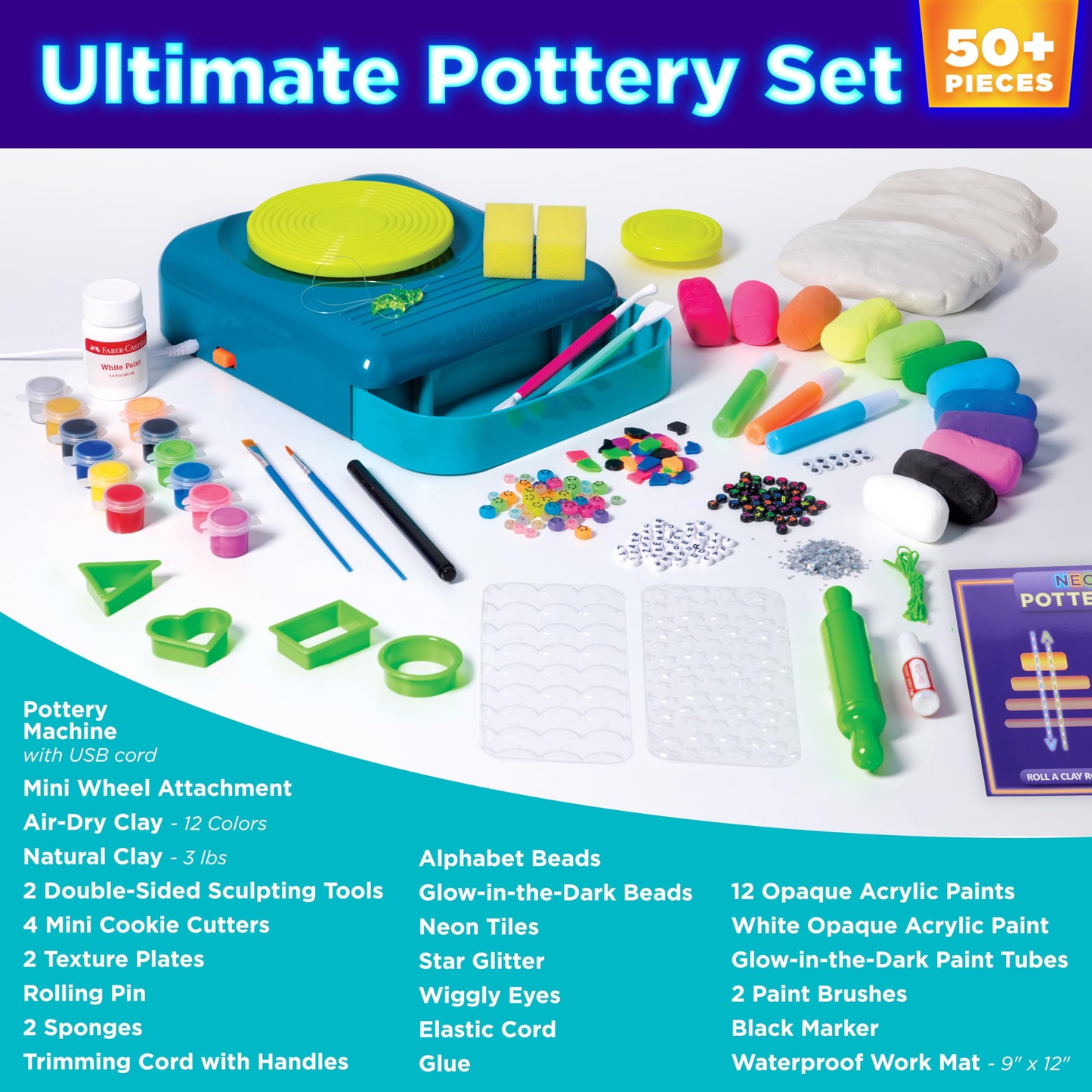 Faber-Castell Neon Glow Pottery Studio: Create Your Own Pottery Designs with USB-Powered Pottery Wheel, Air Dry Clay, Neon & Glow in The Dark Paints