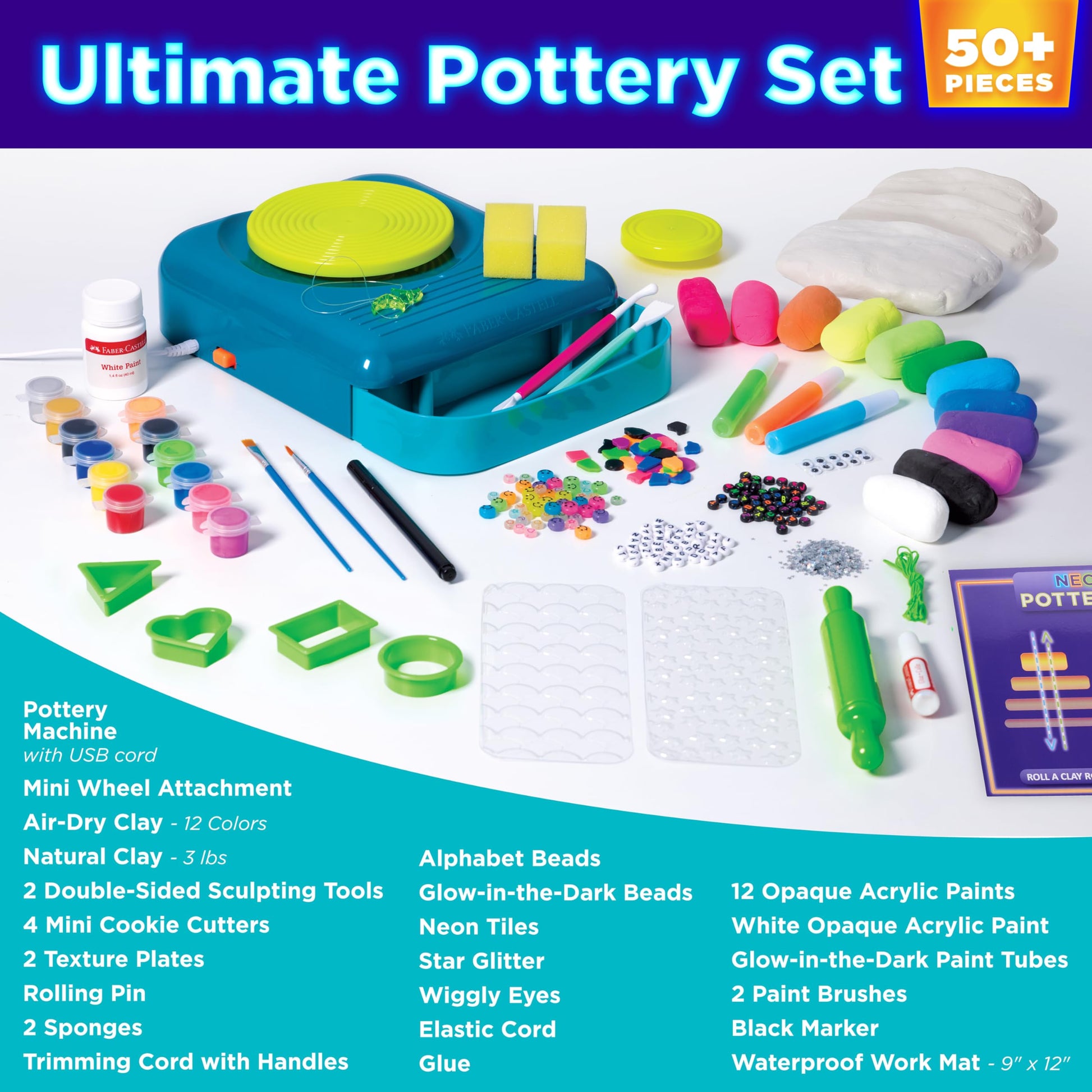 Faber-Castell Neon Glow Pottery Studio: Create Your Own Pottery Designs with USB-Powered Pottery Wheel, Air Dry Clay, Neon & Glow in The Dark Paints