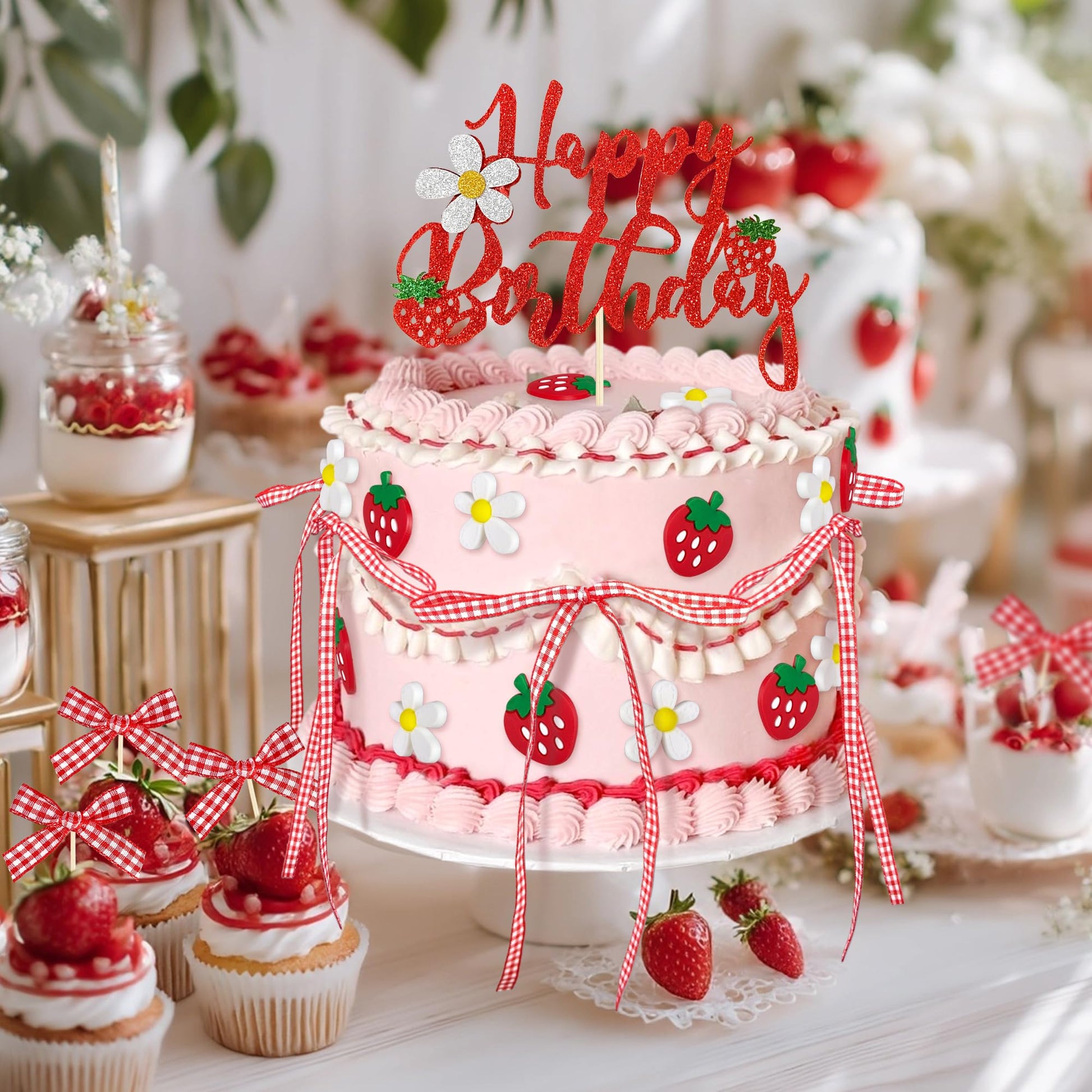 71PCS Strawberry Bow Cake Decorations Set Happy Birthday Strawberry Cake Topper and Cupcake Bows Decorations for Baby Shower Bridal Shower Graduation