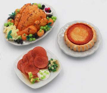 Set 3 Dollhouse Miniatures Thanksgiving Day Dinner Turkey with Pumpkin Pie Food Supply Handcrafted,Tiny Food