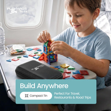 Playmags Mini Magnetic Tiles for Kids 100-Piece Set | Travel Magnetic Blocks | STEM Sensory Educational Toys | Portable Toddler Building Toys | Gift