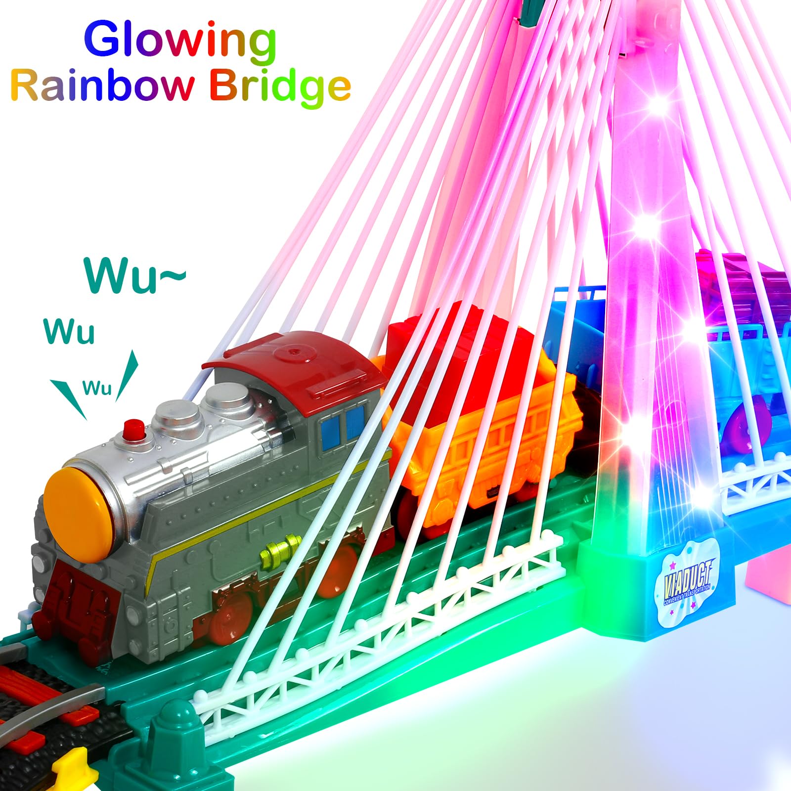 Electric Train Set for Kids Ages 4-8 with Train Tracks Set & Car Tracks Lights Up Bridge Road Sign Realistic Sound Train Track Accessories Playset Boy