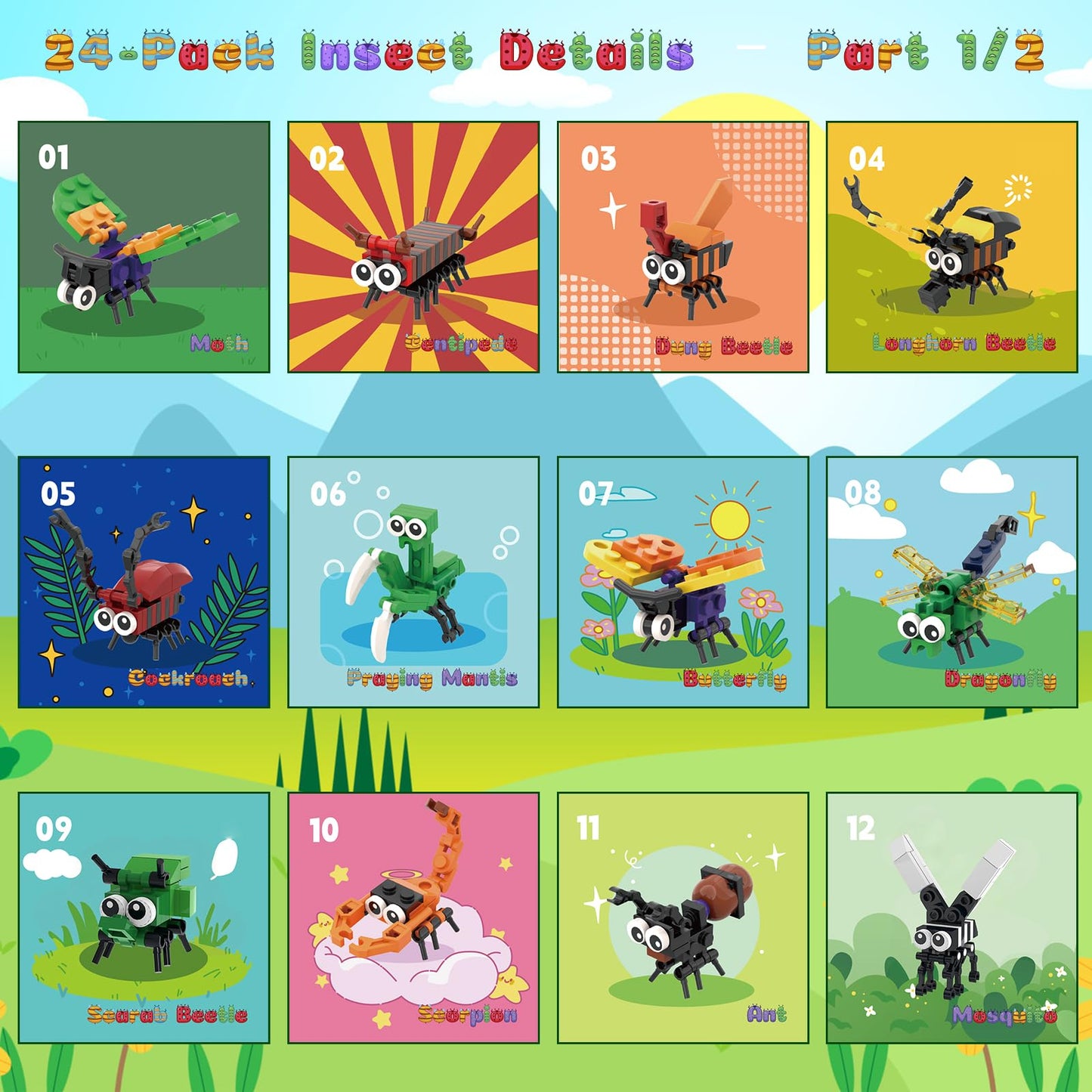 Party Favors for Kids 24 Pack Insect Building Sets, Bulk Educational Bug Blocks Toy for Valentines Day Classroom Prizes, Goodie Bags