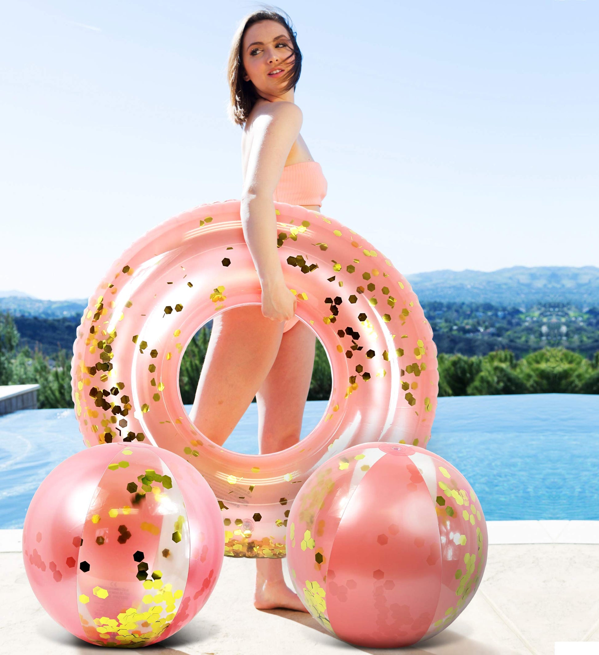 Mozlly Rose Gold Inflatable Beach Balls and Pool Float Tube Bundle - Premium Swim Ring Pool Float and Glitter Beach Ball Set, Fun Pool Floats