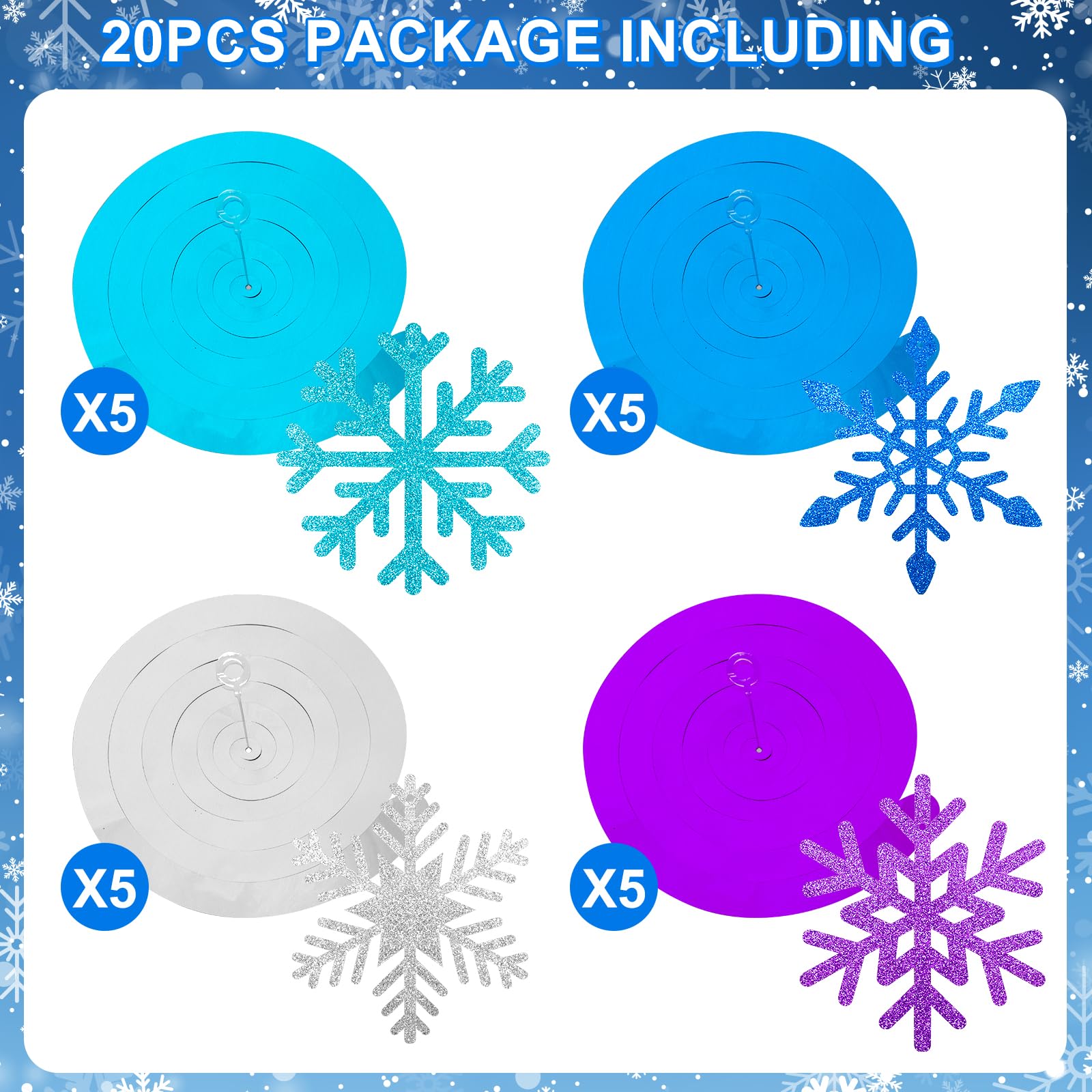 20 Pcs Winter Snowflake Hanging Swirl Decorations - Snowflake Hanging Ceiling Streamers Blue Silver Purple Garland Ornament for Frozen Winter