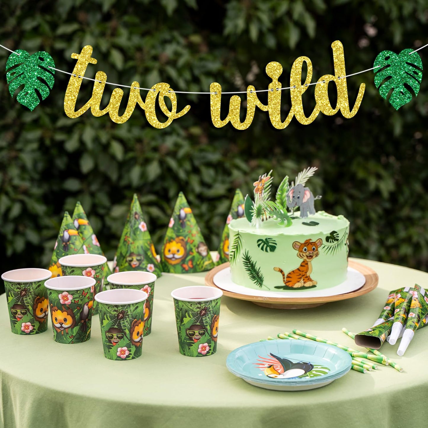 Two Wild Banner, Baby Boys Girls 2nd Birthday Banner, Jungle Wild Safari Zoo Themed Happy 2nd Birthday Party Decorations Supplies