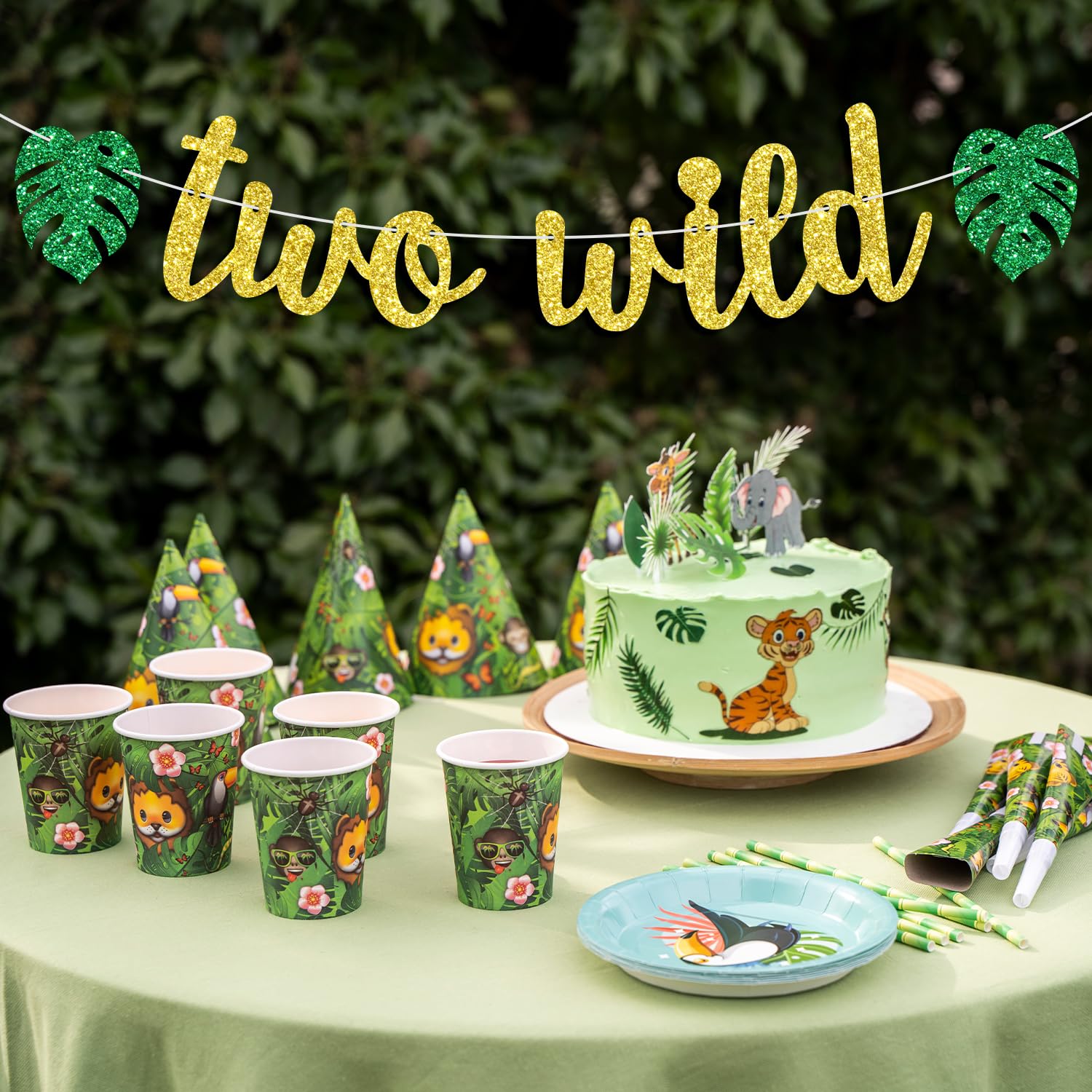 Two Wild Banner, Baby Boys Girls 2nd Birthday Banner, Jungle Wild Safari Zoo Themed Happy 2nd Birthday Party Decorations Supplies