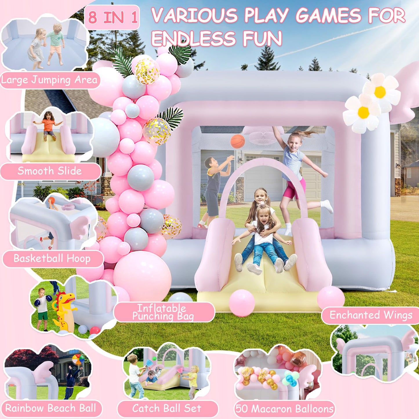 Inflatable Bounce House for Kids All-in-ONE w/Macaron Balloons, Catch Ball Set, Punching Bag, Beachball, Basketball, 106 x 85 x 80 Jump Castle