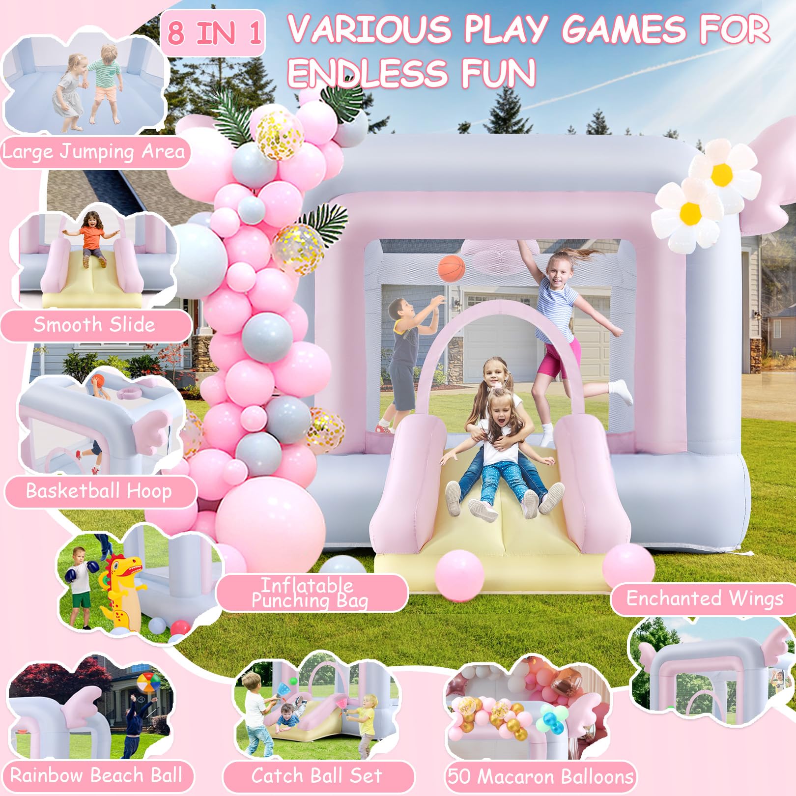 Inflatable Bounce House for Kids All-in-ONE w/Macaron Balloons, Catch Ball Set, Punching Bag, Beachball, Basketball, 106 x 85 x 80 Jump Castle
