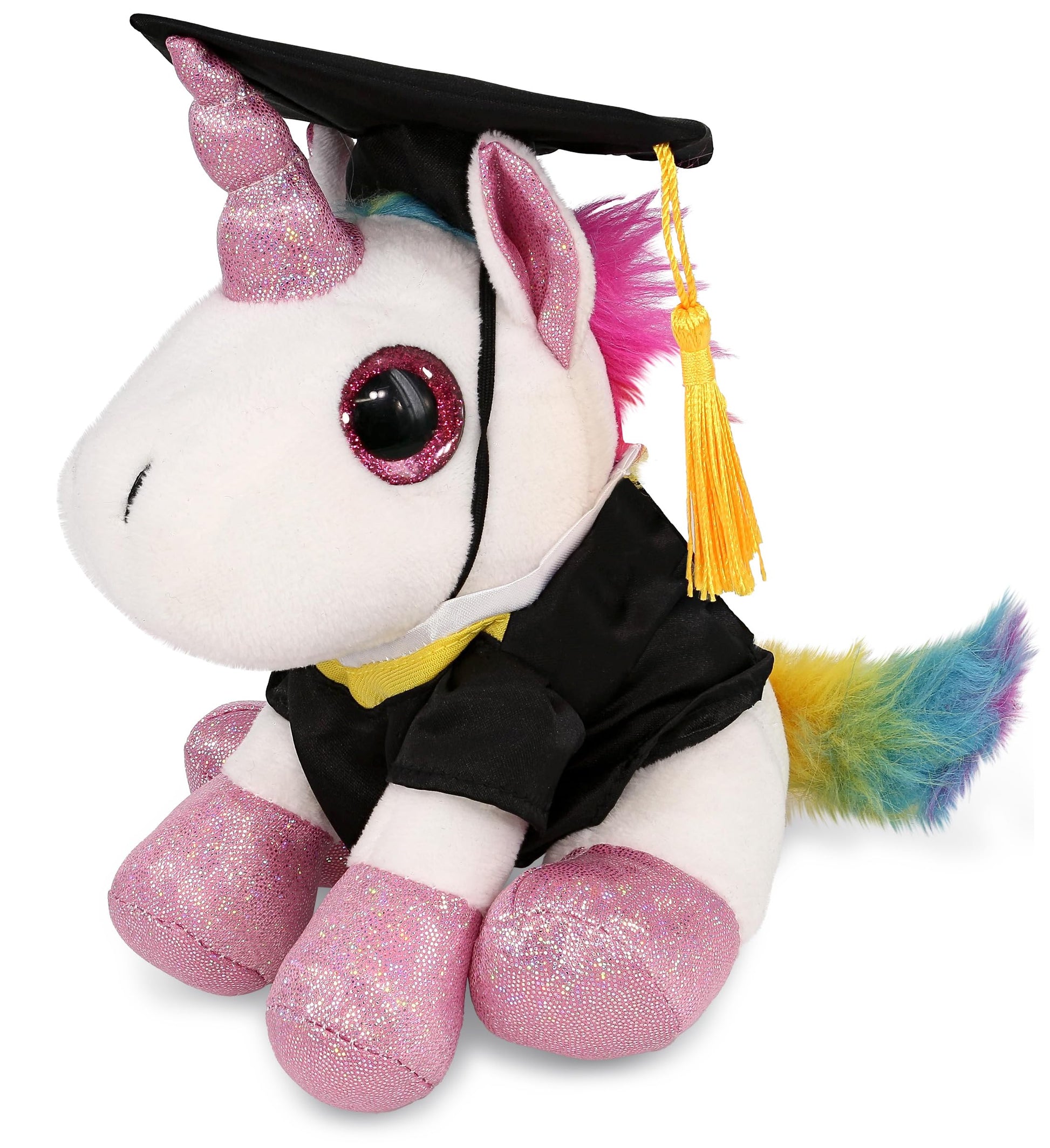 DolliBu Sparkle Eyes White Unicorn Graduation Plush Toy - Super Soft Graduation Stuffed Animal Dress Up Gown and Cap with Tassel with Personalization