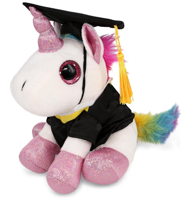 DolliBu Sparkle Eyes White Unicorn Graduation Plush Toy - Super Soft Graduation Stuffed Animal Dress Up Gown and Cap with Tassel with Personalization
