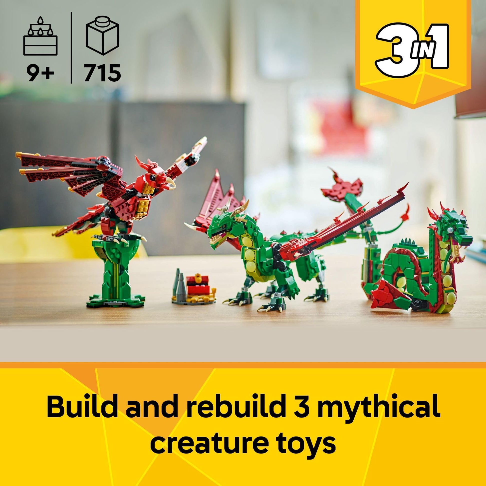 LEGO Creator 3 in 1 Medieval Dragon Toy - Building Toy with 3 Build Options, Dragon, Sea Serpent, or Phoenix - Fantasy Set for Kids, Boys and Girls