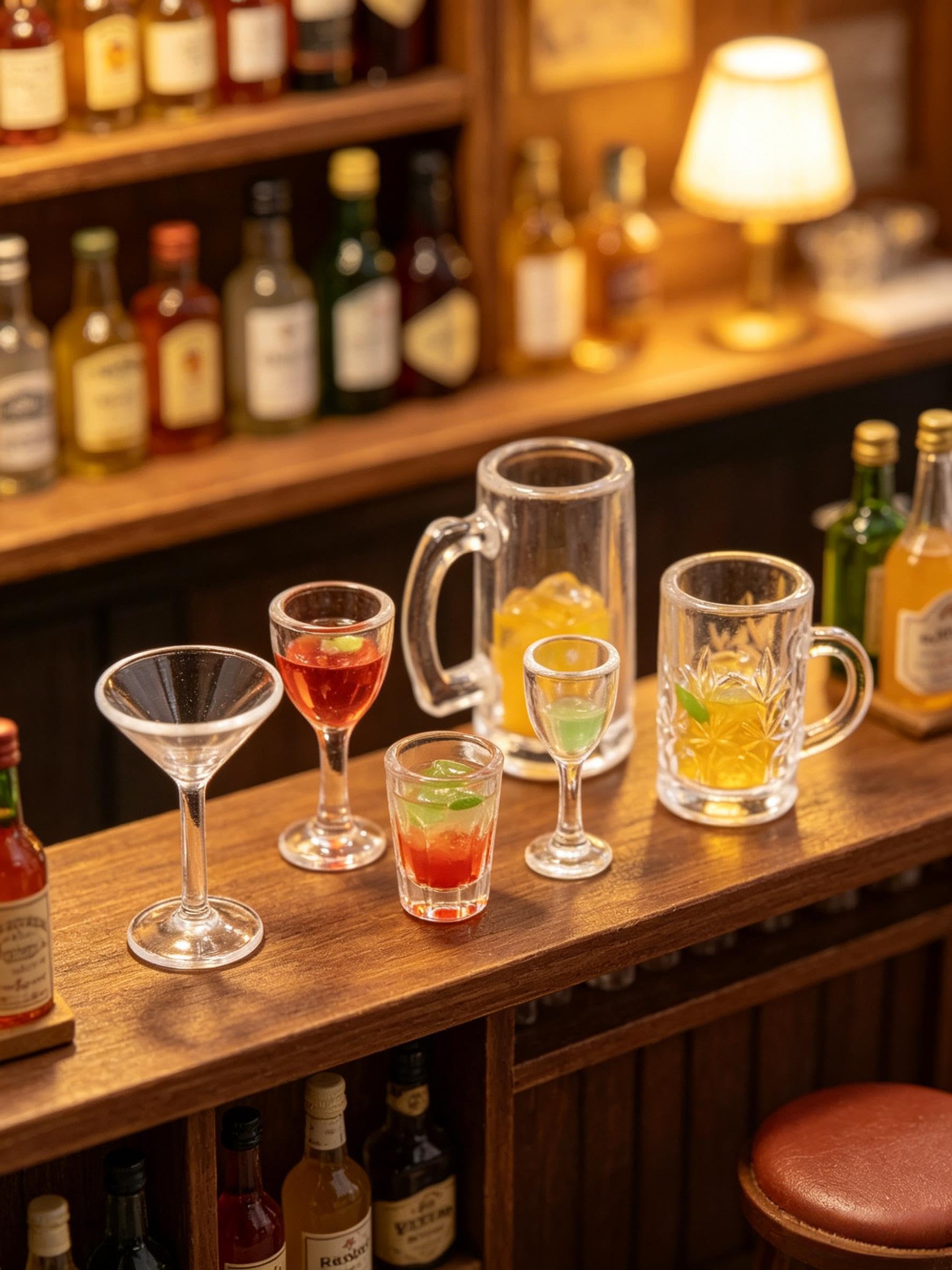4Pcs Clear Glass Dollhouse Miniature Drinking Set, 1/12 Scale Wine Cocktail Glasses, Beer Mug Stein for Kitchen Bar