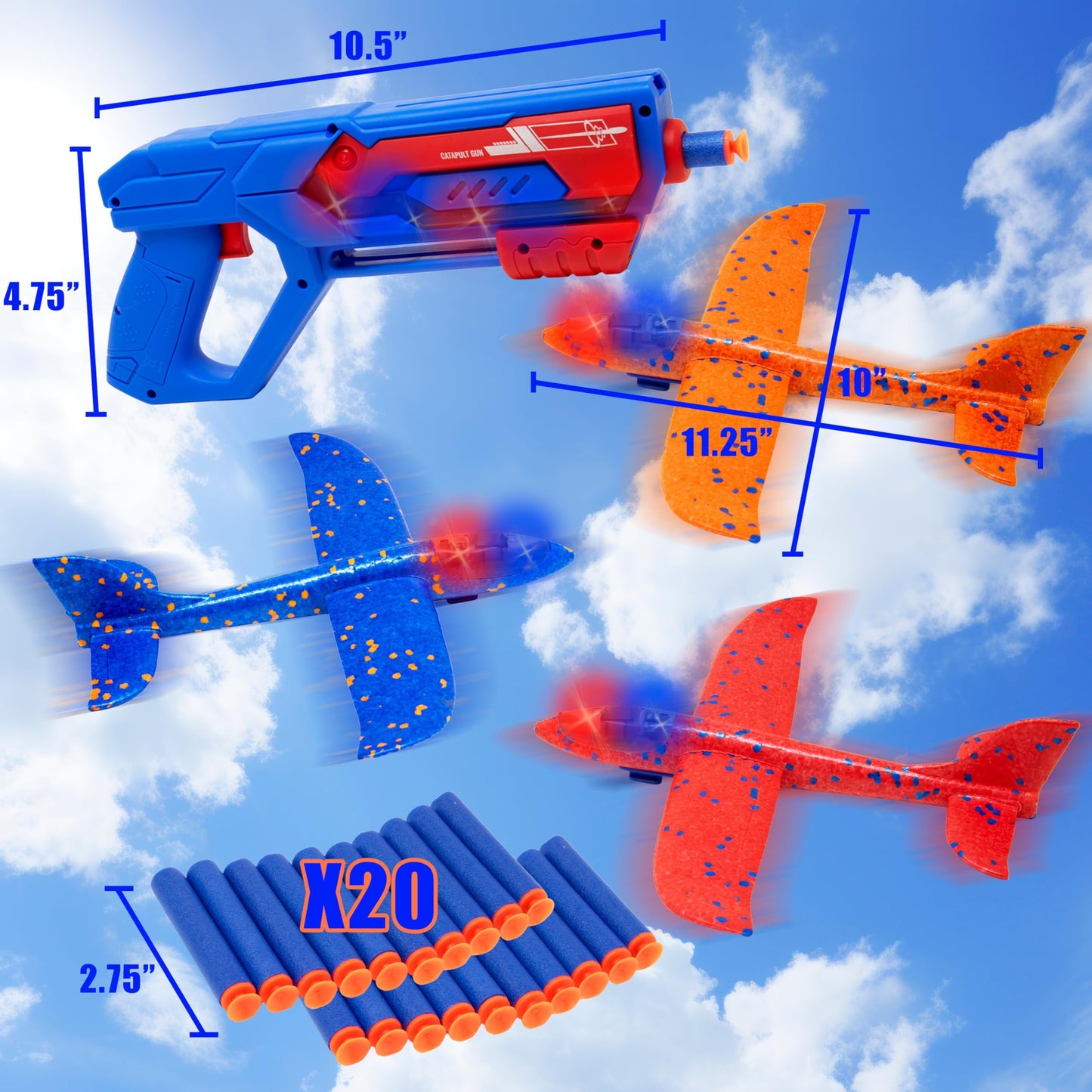 Kiddie Play Airplane Launcher Toy for Kids, 3 LED Foam Gliders & 20 Darts