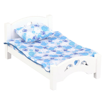 Dollhouse White Wooden Bed with Blue Bedding, 1:12 Scale Realistic Bedroom Furniture for 6 Inch Dolls