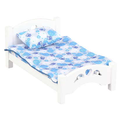 Dollhouse White Wooden Bed with Blue Bedding, 1:12 Scale Realistic Bedroom Furniture for 6 Inch Dolls