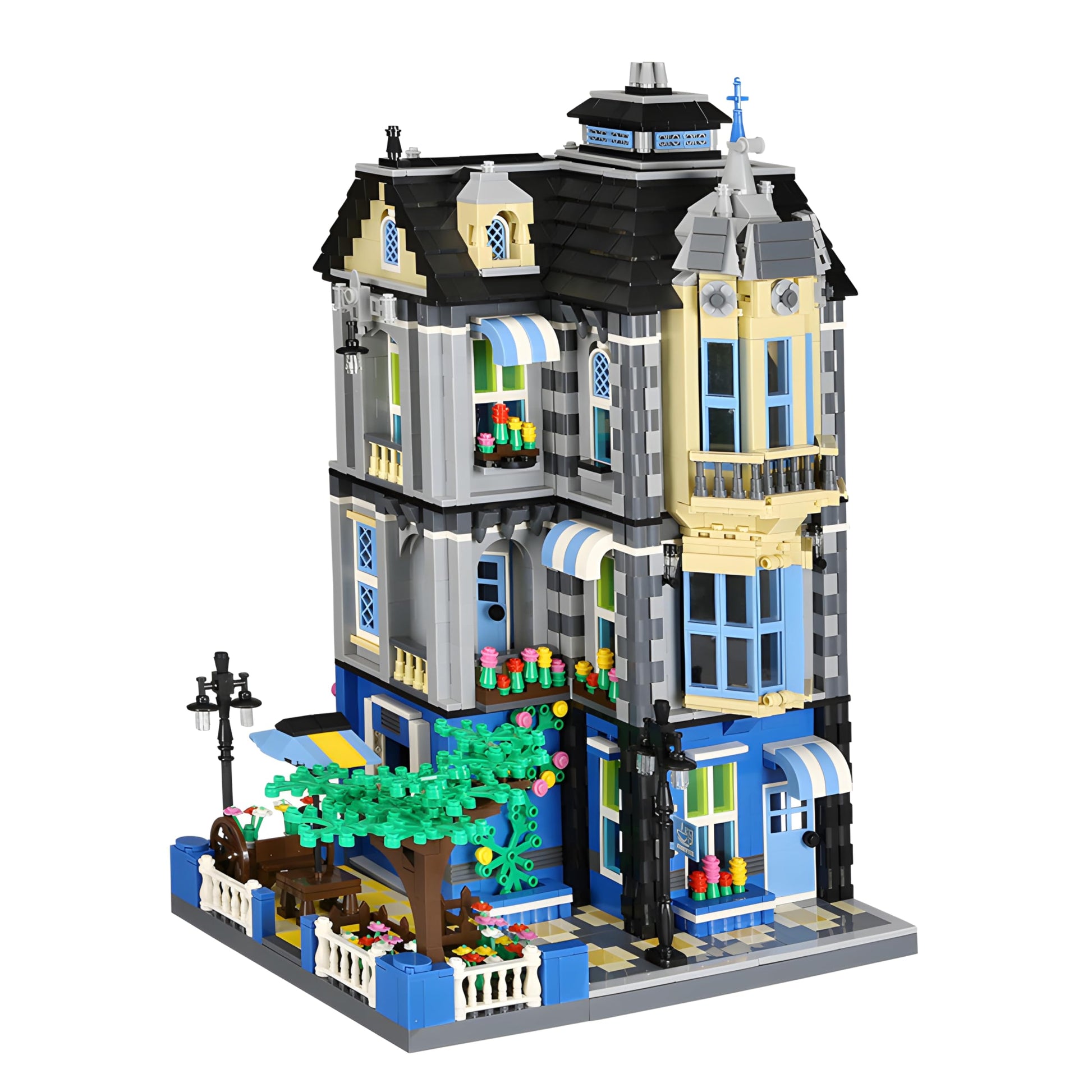 General Jim's Victorian Townhouse & Garden Coffee Shop Building Block Set, 2313 Pieces, 3-Story Modular City Building Model, Blue and Yellow
