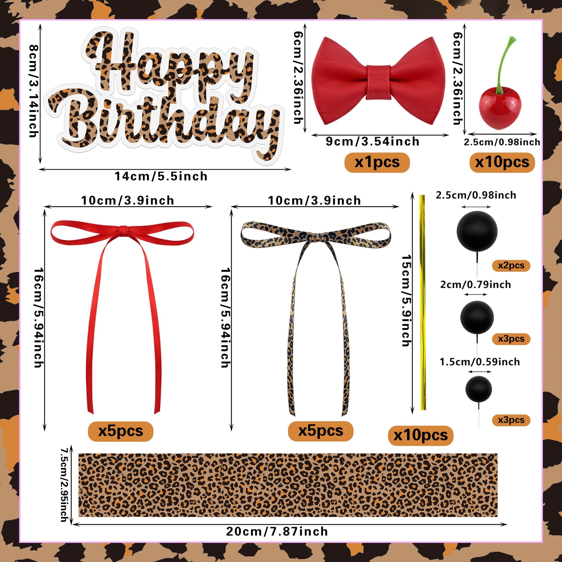 41PCS Leopard Cherry Cake Decorations Bow Toppers for Birthday Wedding and Baby Shower Cherries Fruit Decor for Birthday Party Decorations