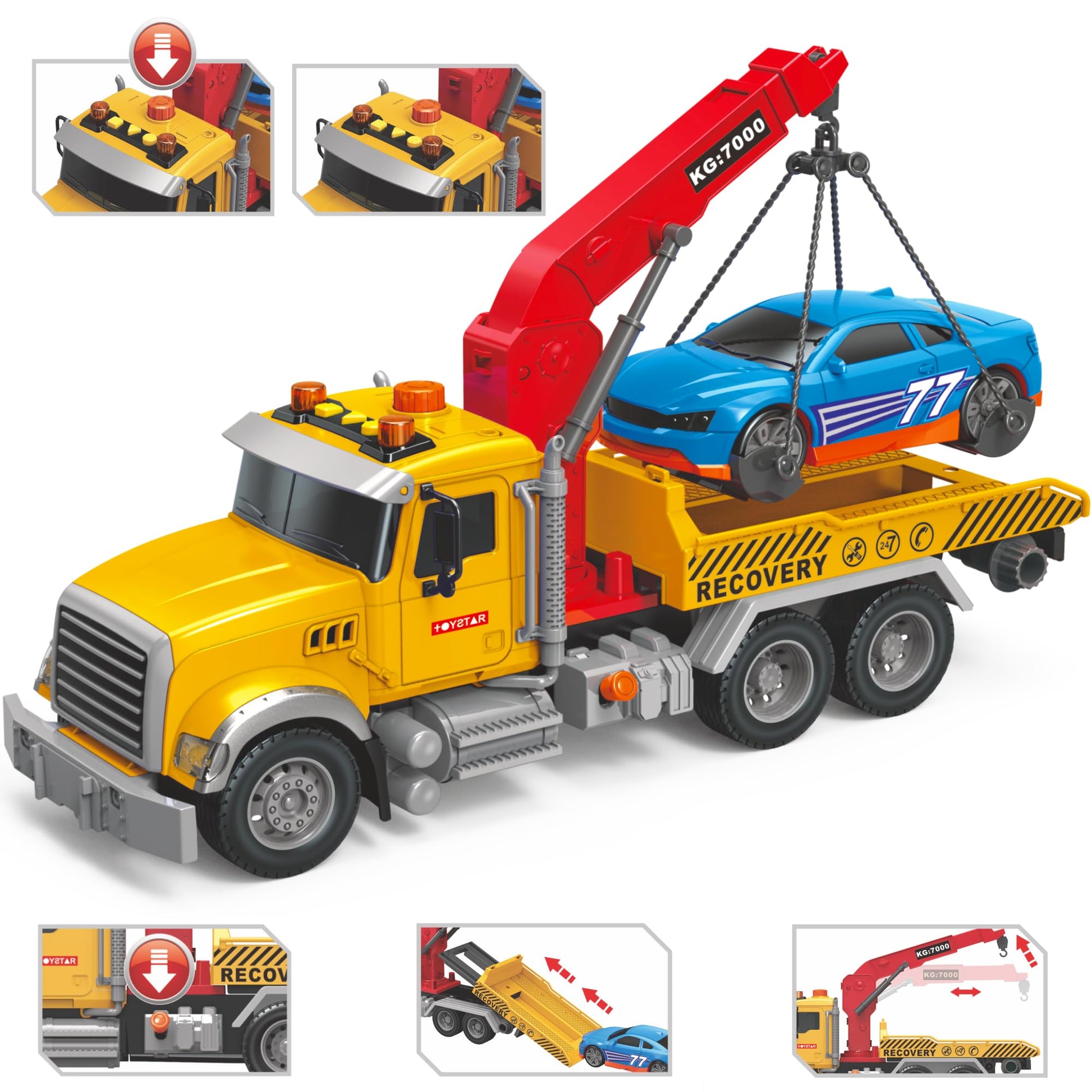 MOBIUS Toys Tow Truck - Friction-Powered Rescue Vehicle with Working Tow Hook, Lights & Sounds - Durable Push-and-Go Truck for Kids Ages 3-7