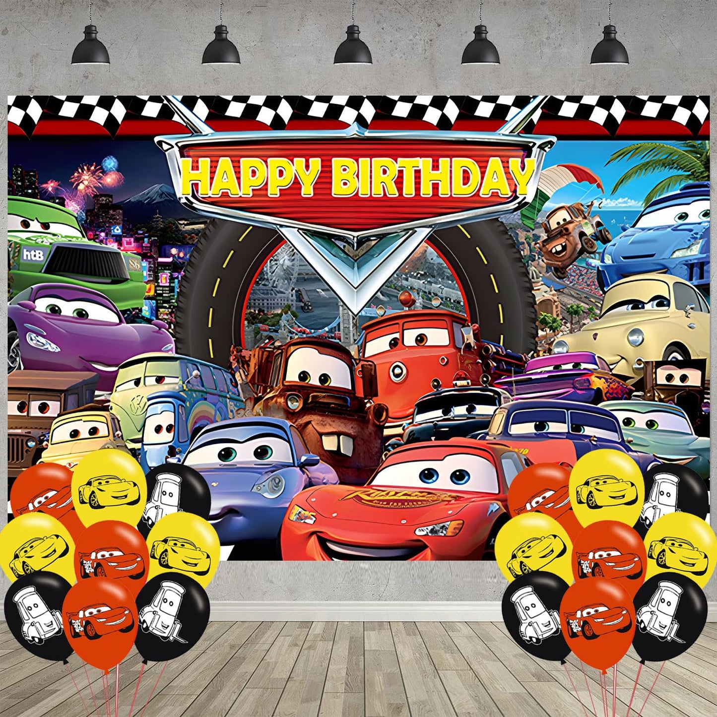Cartoon Race Car Birthday Party Decoration,Lightning Party Photo Background 5 x 3 FT and 18 Pcs Balloon,Merch Party Backdrop Supplies