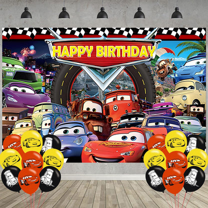 Cartoon Race Car Birthday Party Decoration,Lightning Party Photo Background 5 x 3 FT and 18 Pcs Balloon,Merch Party Backdrop Supplies