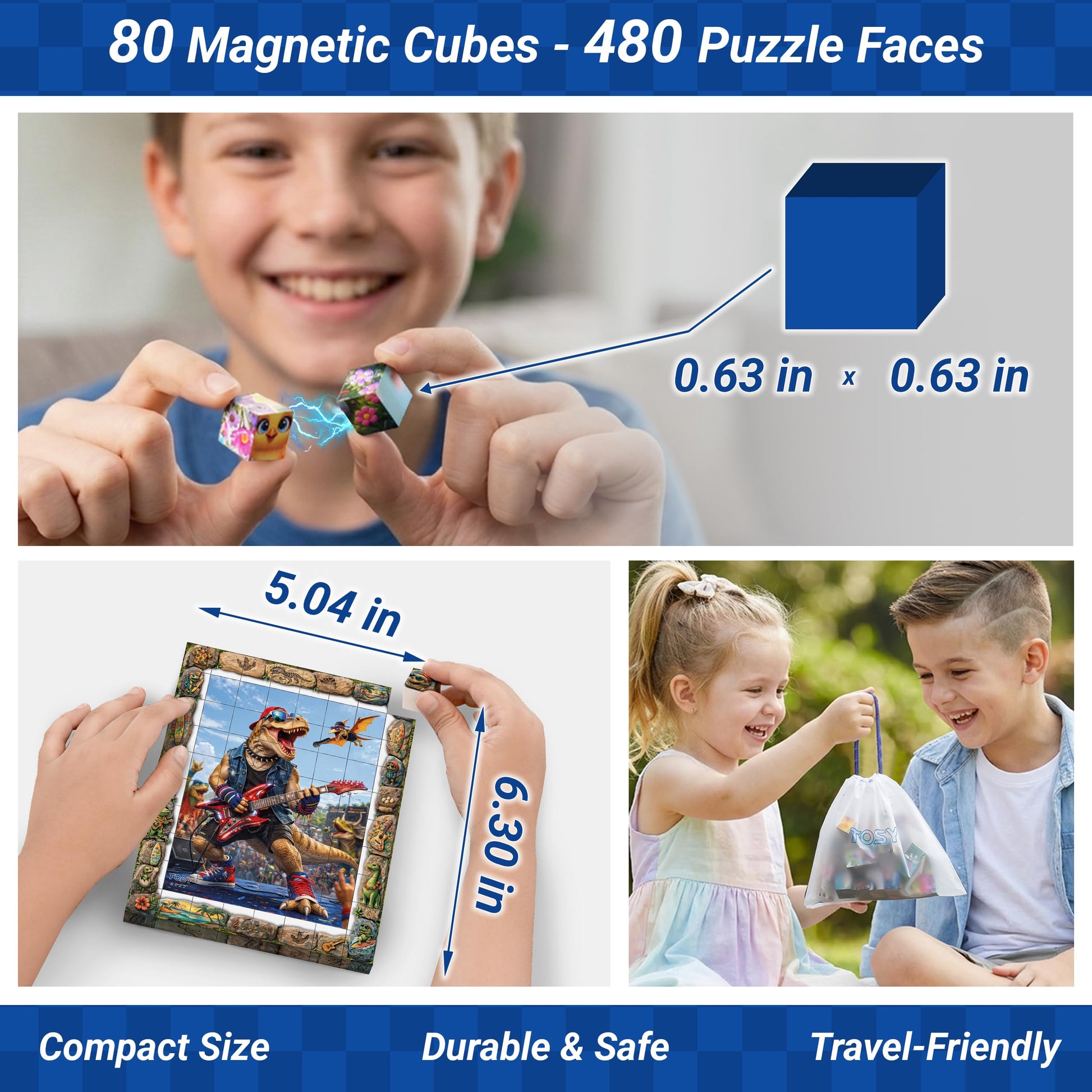 TOSY Picture Cube Wacky Dinos: 6-in-1 Magnetic Picture Puzzle, 80 Blocks,480 Puzzle Faces, 0.6in, B022, Seamless UV Art, Display-Ready Frame