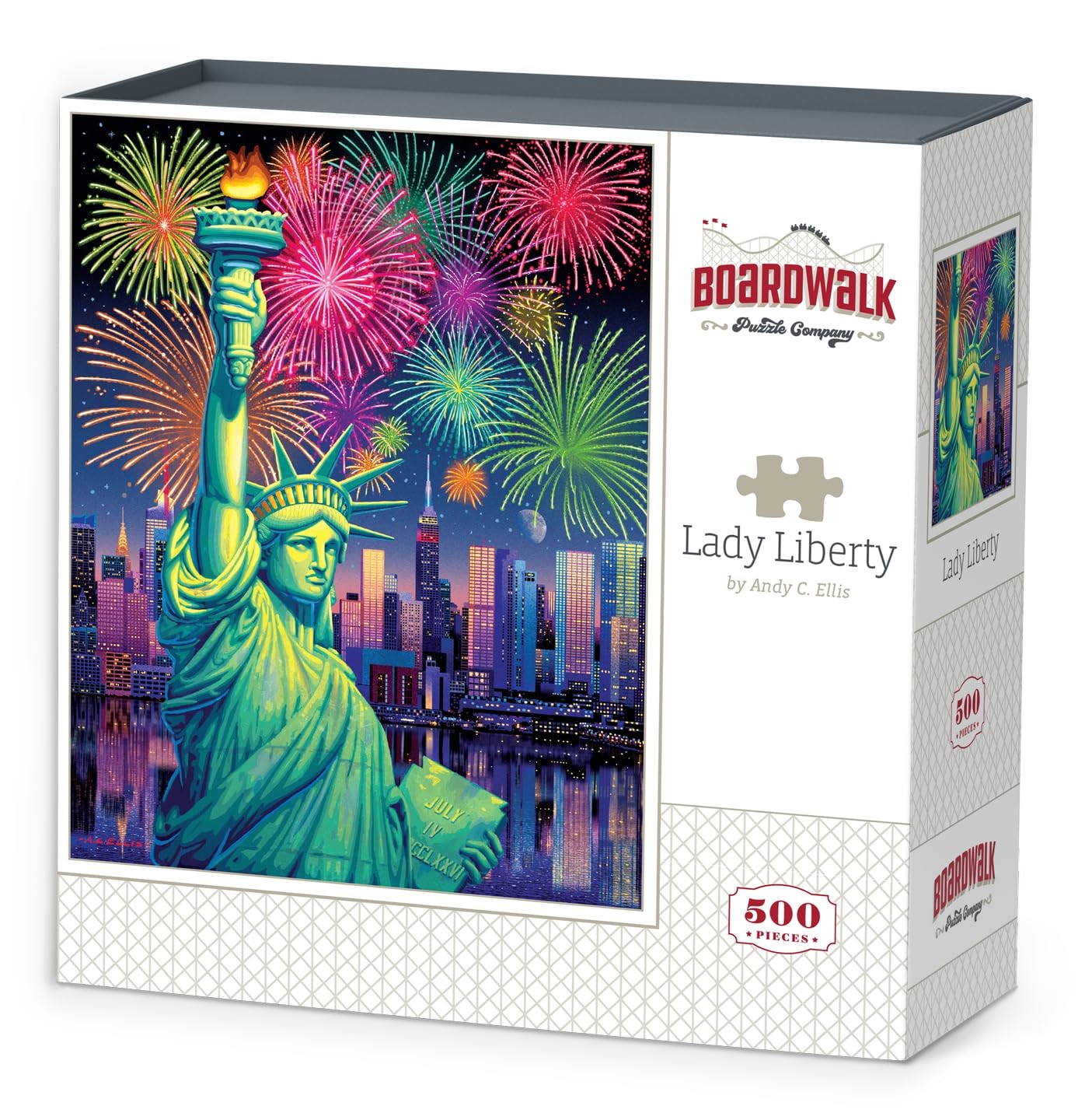 Boardwalk Lady Liberty 500 Piece Jigsaw Puzzle Patriotic Fireworks New York Puzzles with Premium Box, Gift for Adults and Family 16"x20"