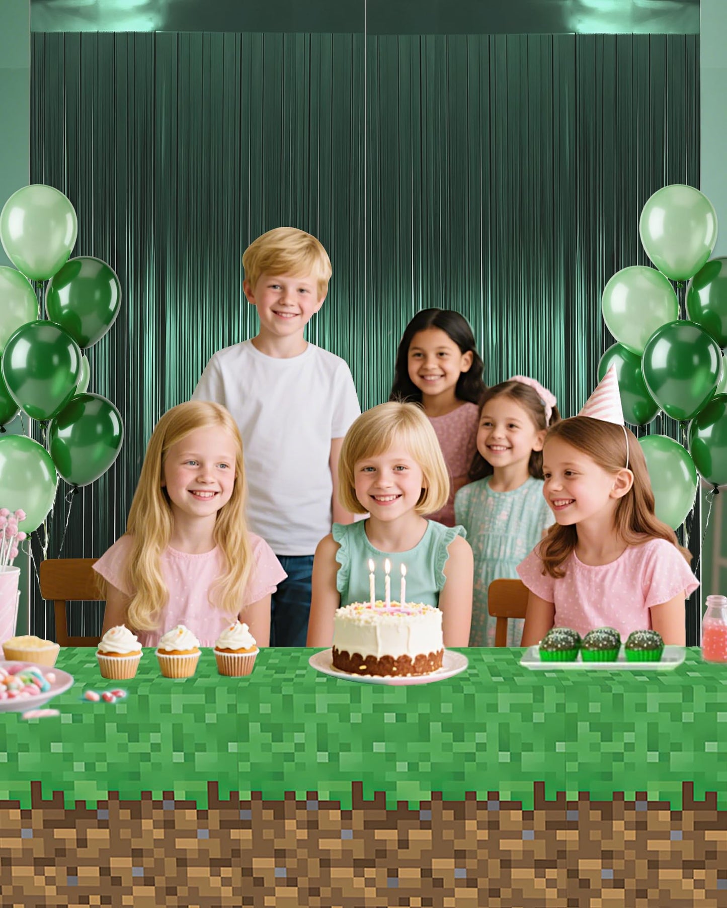 Dark Green Foil Fringe Curtain, 2 Pack 3.3x8.21ft Tinsel Foil Fringe Curtain Streamers Backdrop for Birthday Jungle Party Dinosaur Animal St Patrick's