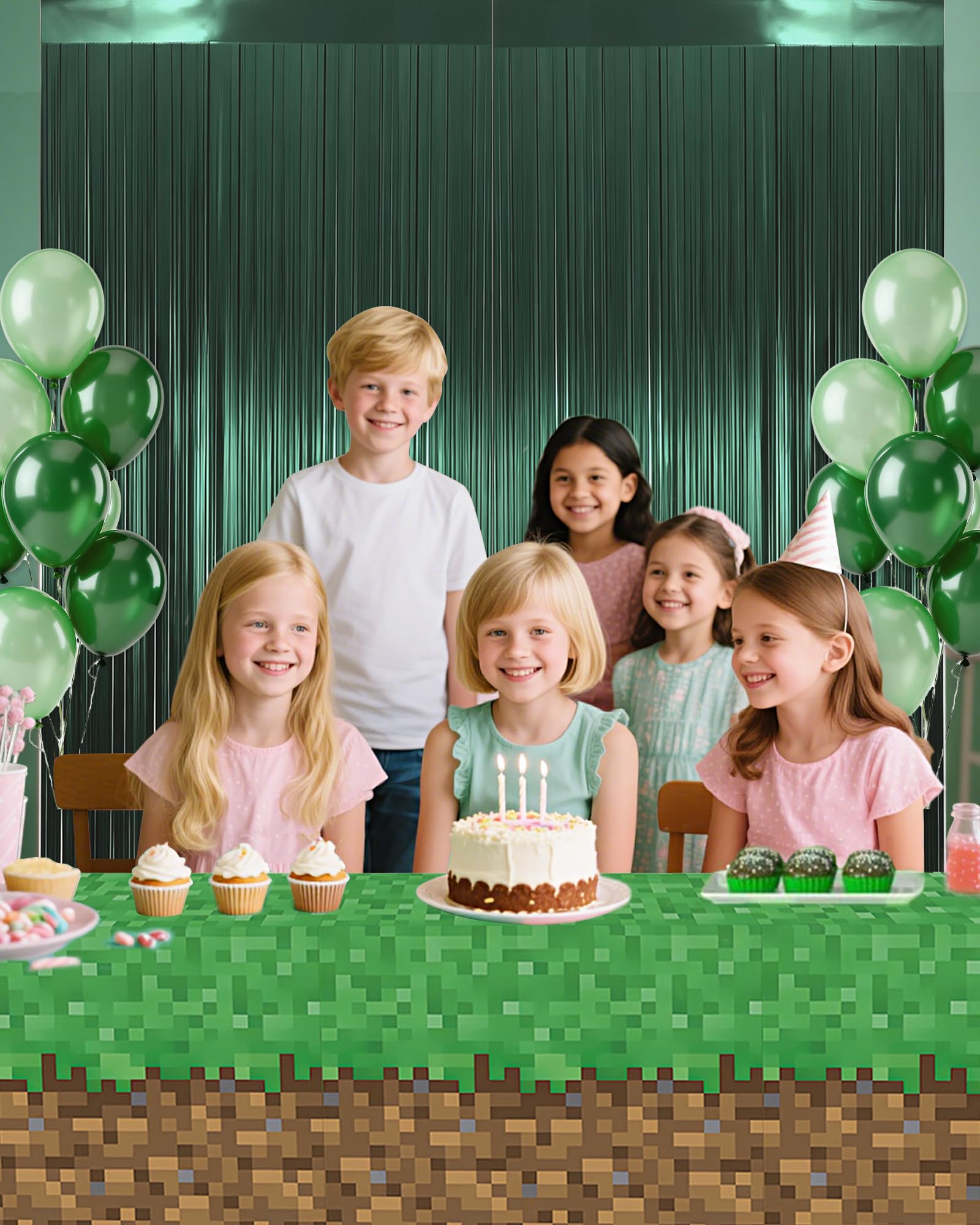 Dark Green Foil Fringe Curtain, 2 Pack 3.3x8.21ft Tinsel Foil Fringe Curtain Streamers Backdrop for Birthday Jungle Party Dinosaur Animal St Patrick's
