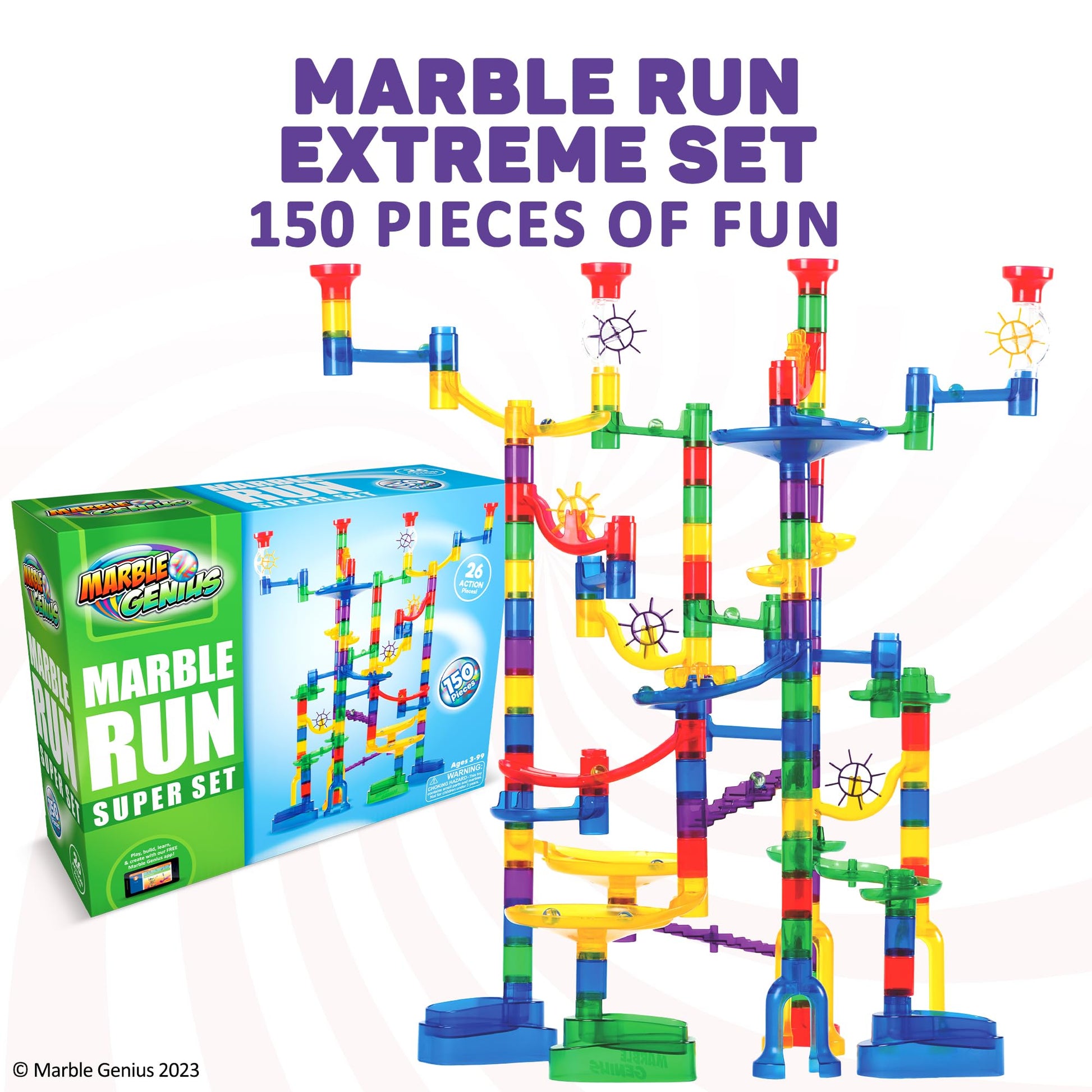 Marble Genius Marble Run Super Set, STEM Toys & Maze Construction Building - 150 Translucent Track Pieces & Glass Marble for Family, Kids Toddlers