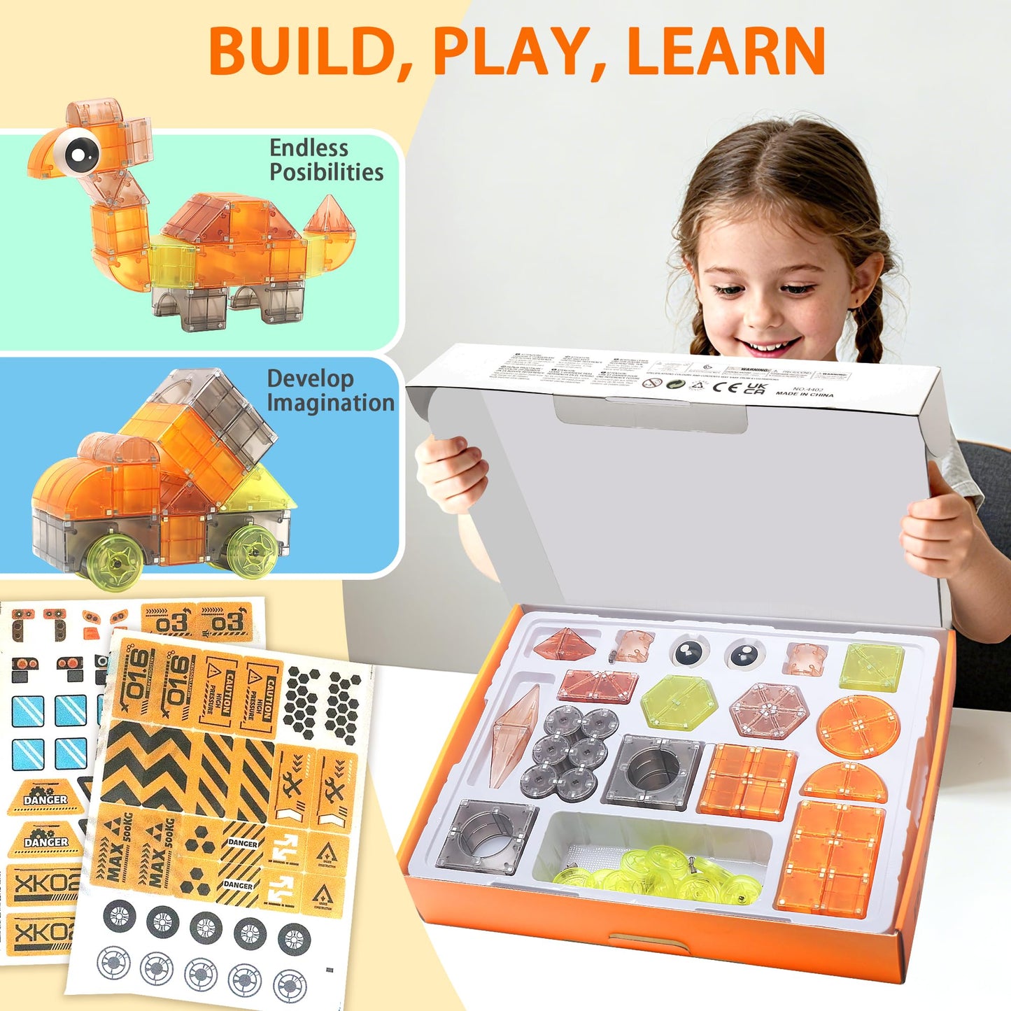 SHYMAGICRZ 74PCS Engineering Series Magnetic Tiles, Magnetic Construction Blocks - Build Excavator, Crane & Dump Truck, STEM Toys Gift Box for Ages