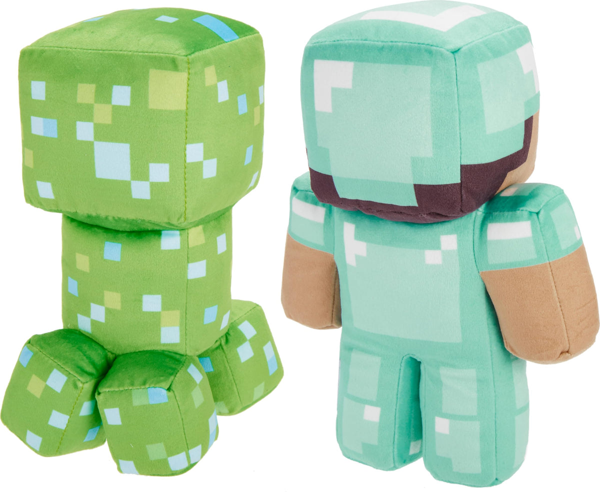 Mattel Minecraft Plush Figure 2-Pack, Steve in Diamond Armor & Charged Creeper Set, Soft Character Dolls in 8-inch Scale
