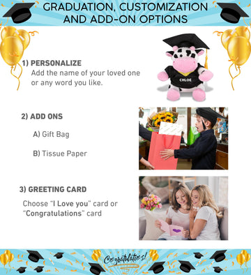DolliBu Cow Graduation Plush Toy - Soft Huggable Graduation Stuffed Animal Dress Up with Gown and Cap with Tassel Outfit - Cute Graduation Gift