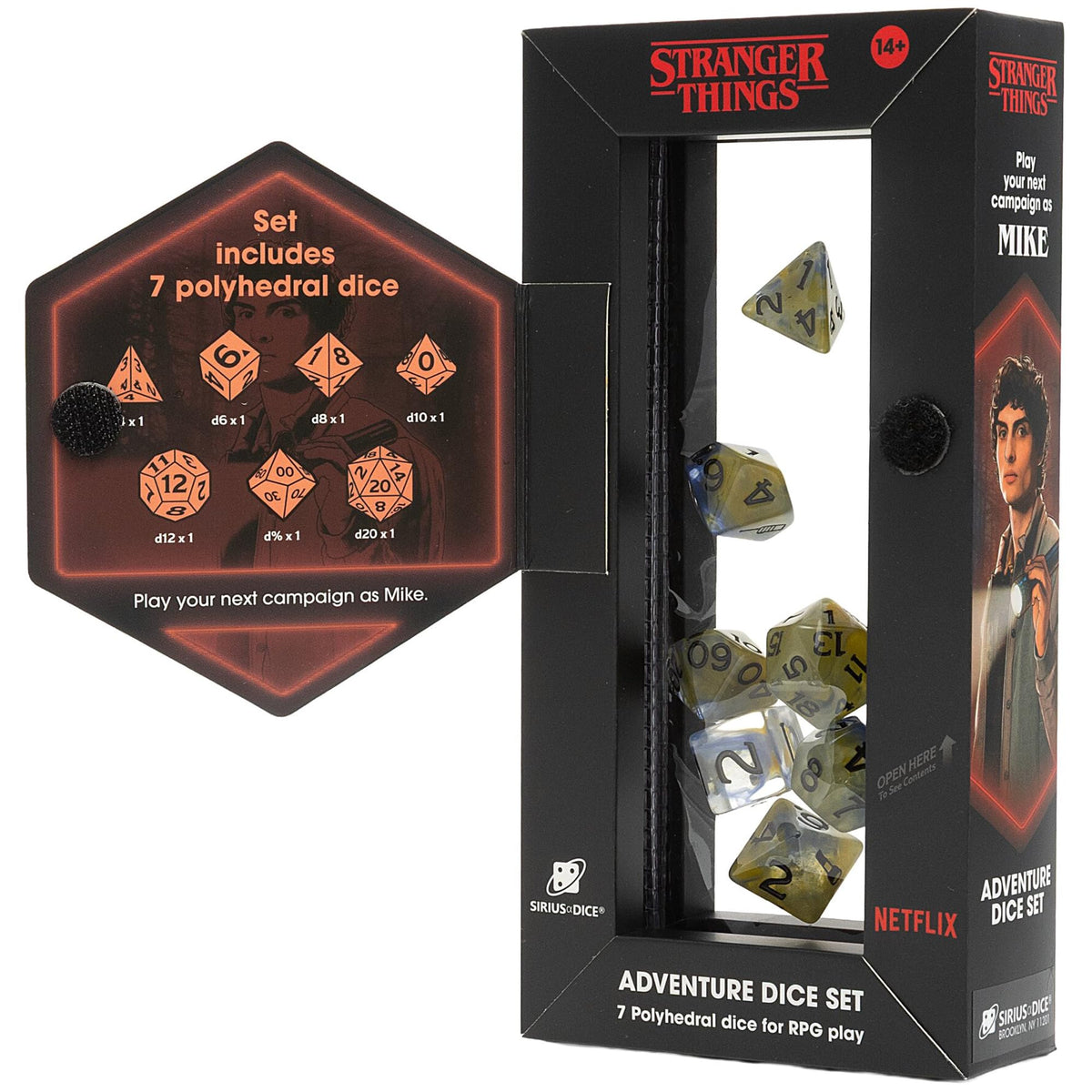 Stranger Things: Adventure Dice - Mike - 7pc RPG Set, Yellow Blue Swirl, Black Icons, Paladin Class, Collectible Roleplaying Game Accessory, Licensed