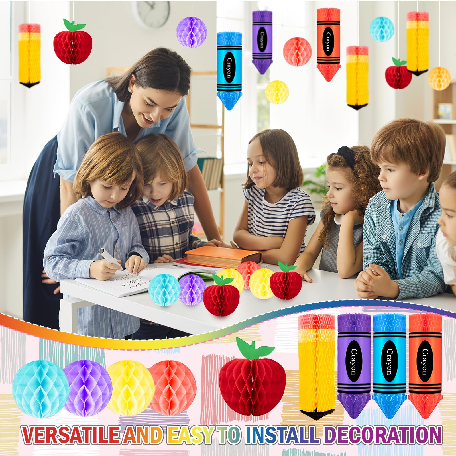 13 Pcs Crayon Apple-Shaped Hanging Honeycomb Balls Honeycomb Pencil Paper Ball Decorations Welcome Back to School Classroom Decorations First Day