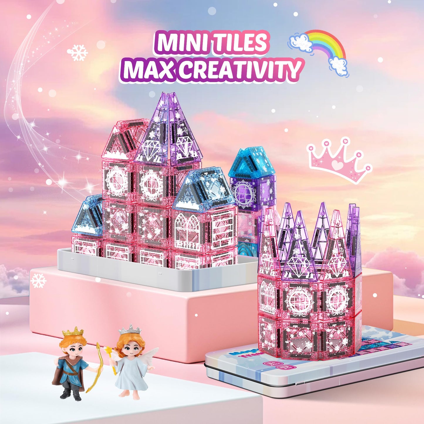 Magnetic Tiles Princess Toys, Princess Castle Travel Magnetic Blocks with Metal Box & 2 Dolls, Mini Magnet Tiles for Girls Pretend Play, Magnet STEM