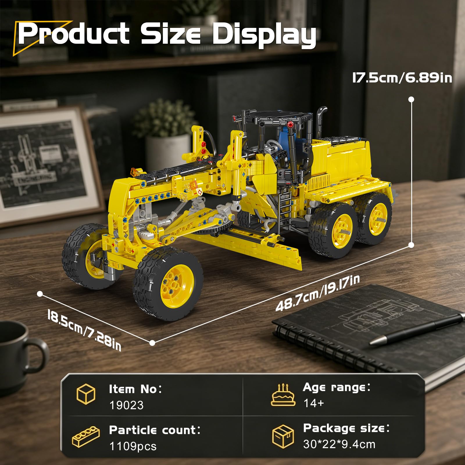 Mould King 19023 Motor Grader Building Set, 1109 PCS Road Grader Construction Vehicle Model Kit, 1:14 Scale Construction Heavy Equipment for Adults