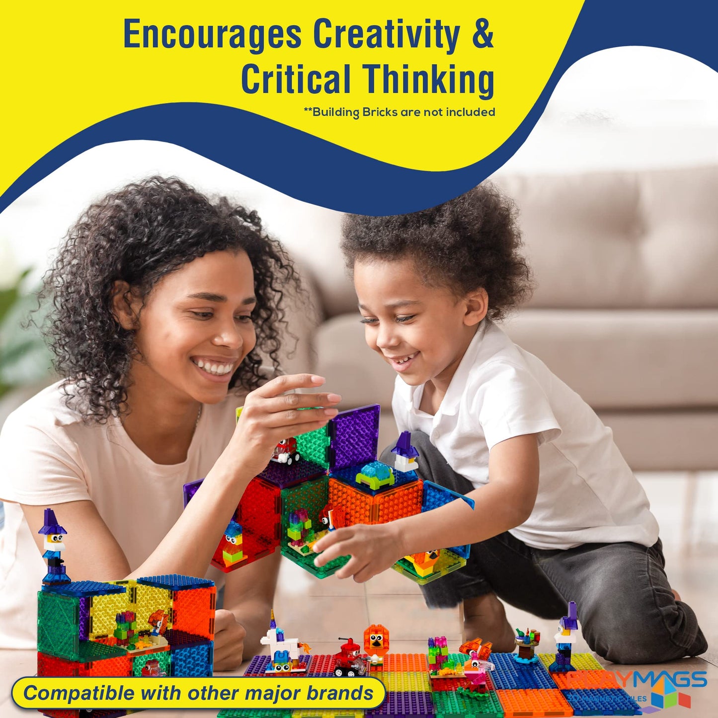 Playmags Magnetic Tiles, 18Pcs Magnetic Building Bricks, Exclusive Magnetic Blocks, Skill Development, Ages 3+ (Small Bricks Tiles)