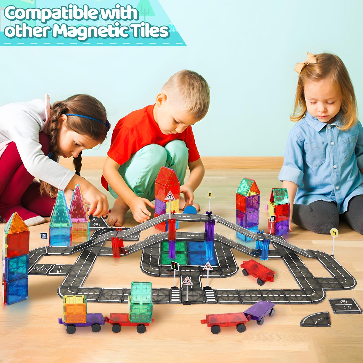 Playmags Magnetic Tiles Road Set for Kids - 130-Pieces Magnet Building Blocks Toy - Durable Creative STEM Learning Toys with Curved & Straight Car