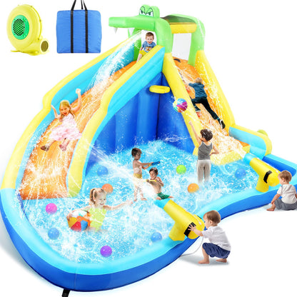 Whubefy Inflatable Water Slide, 8 in 1 Blow Up Crocodile Spray Slide 13.2 x10 Ft Water Bounce House with 2 Water Cannon, Climbing Wall, Basketball